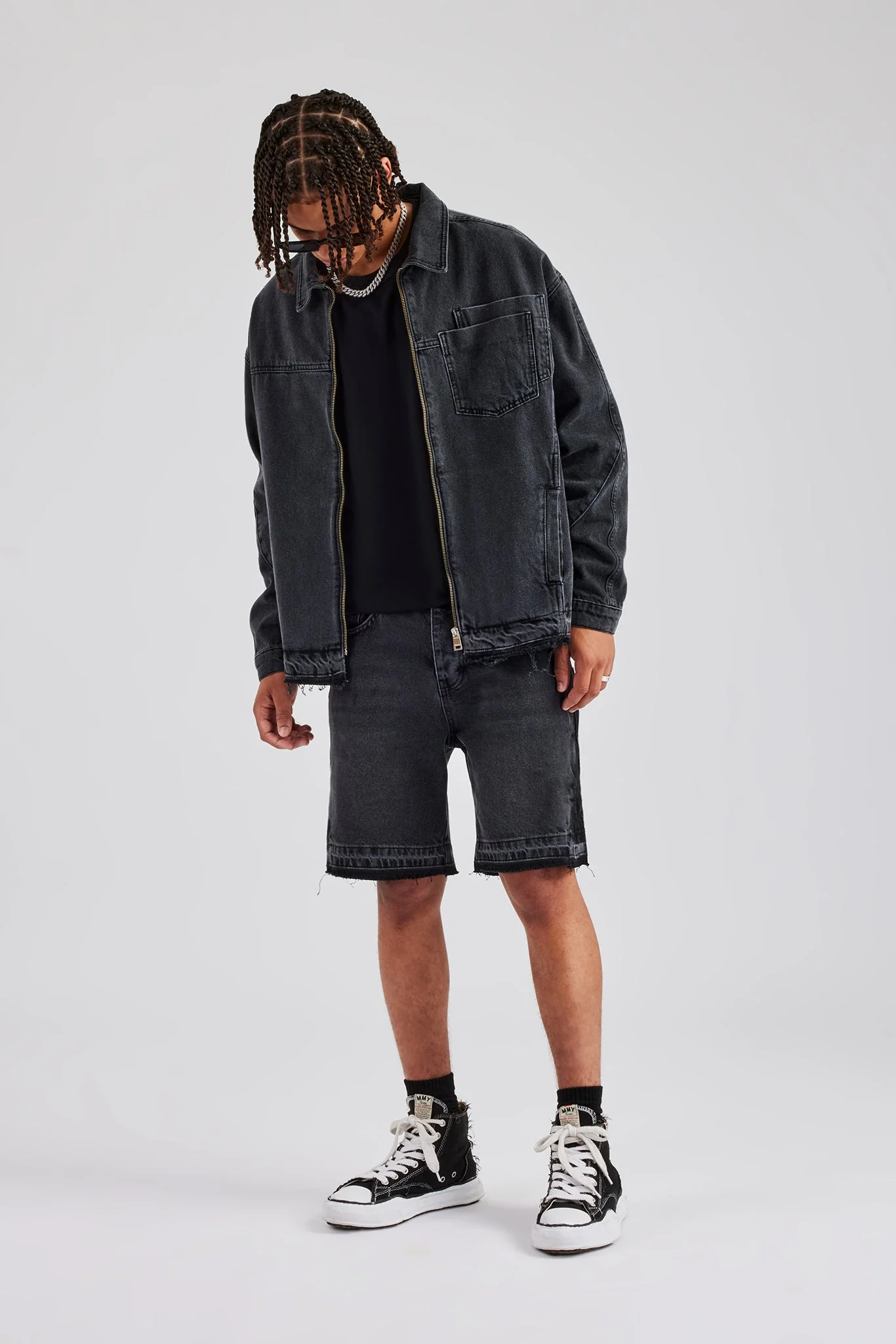 Denim Zip Jacket & Panelled Short Set - Washed Grey - Image 5