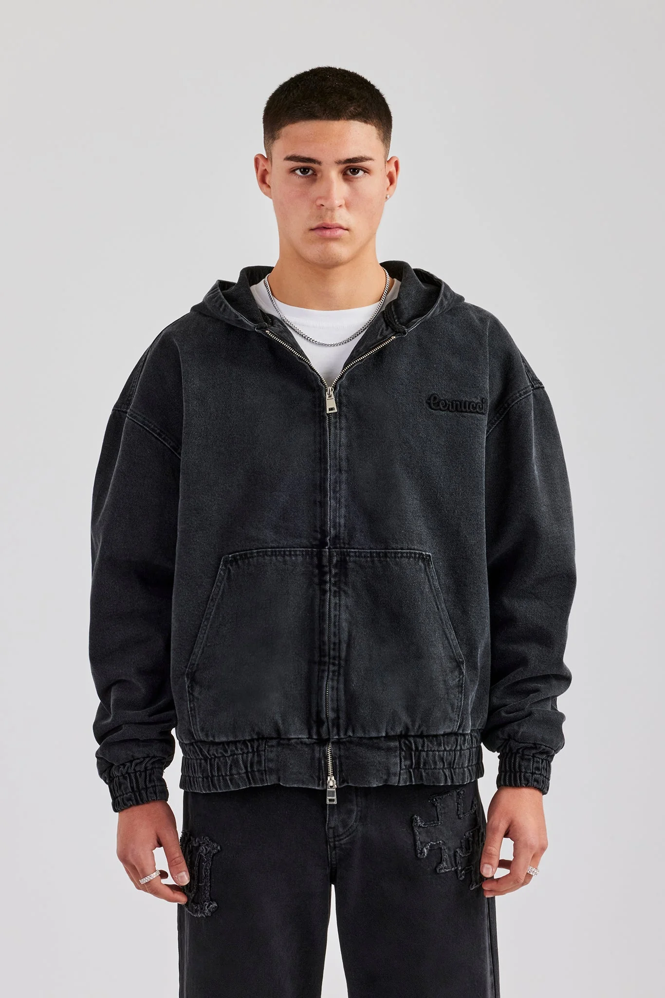 Denim Zip Through Jacket - Washed Black - Image 2