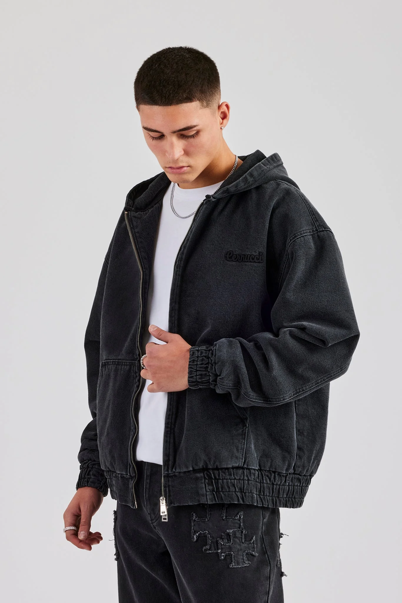 Denim Zip Through Jacket - Washed Black - Image 3