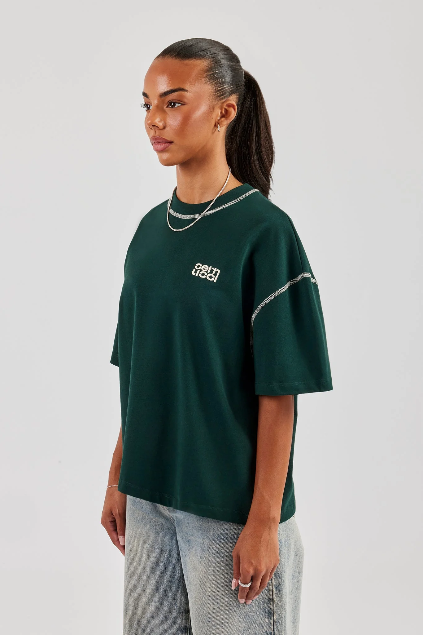 Diamond Cut Contrast Stitch T-Shirt - Forest Green - Image 3