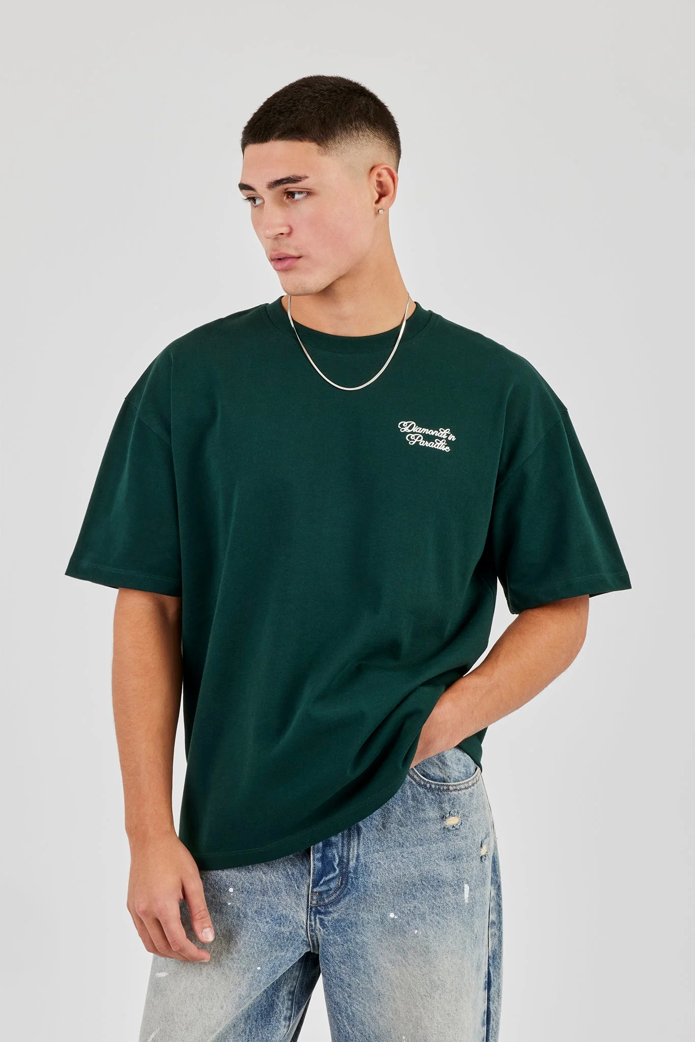Diamonds Back Print Oversized T-Shirt - Forest Green - Image 2