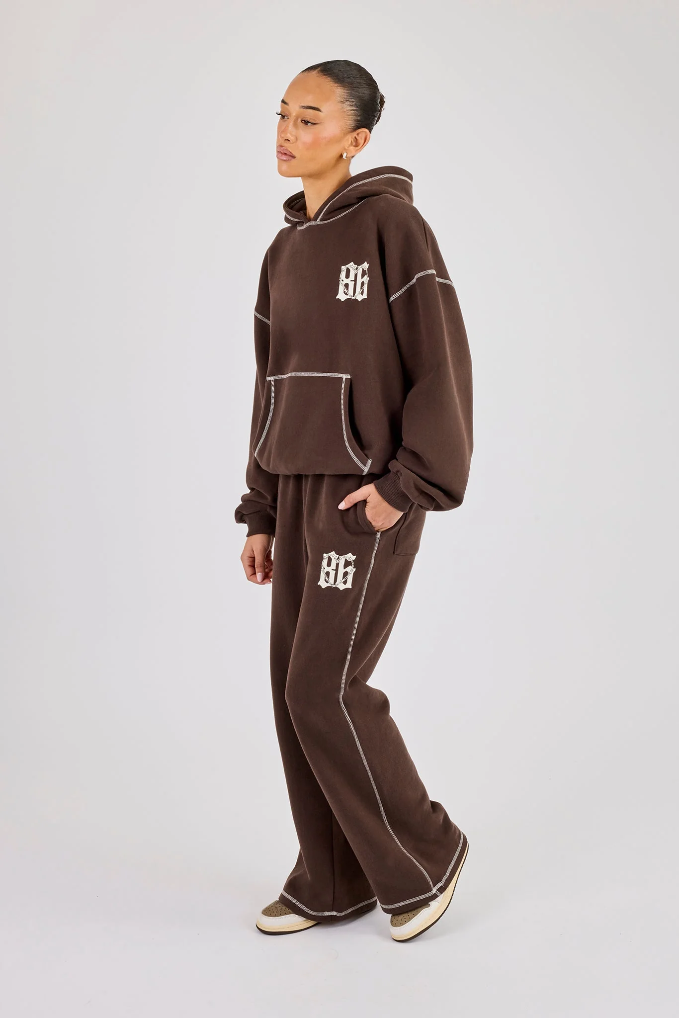 Distressed 86 Oversized Hoodie & Wide Leg Jogger - Chocolate - Image 4