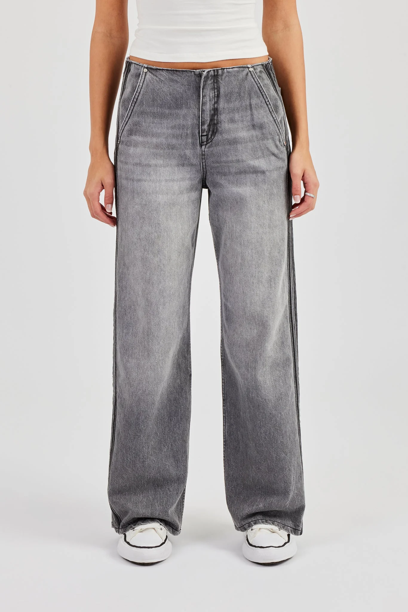 Double Stripe Baggy Jean - Washed Grey - Image 2