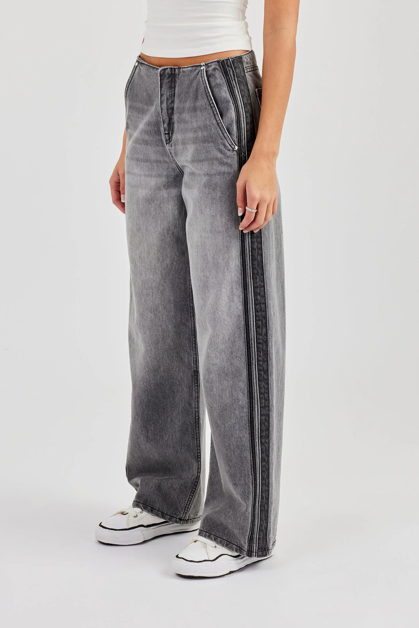 Double Stripe Baggy Jean - Washed Grey - Image 3