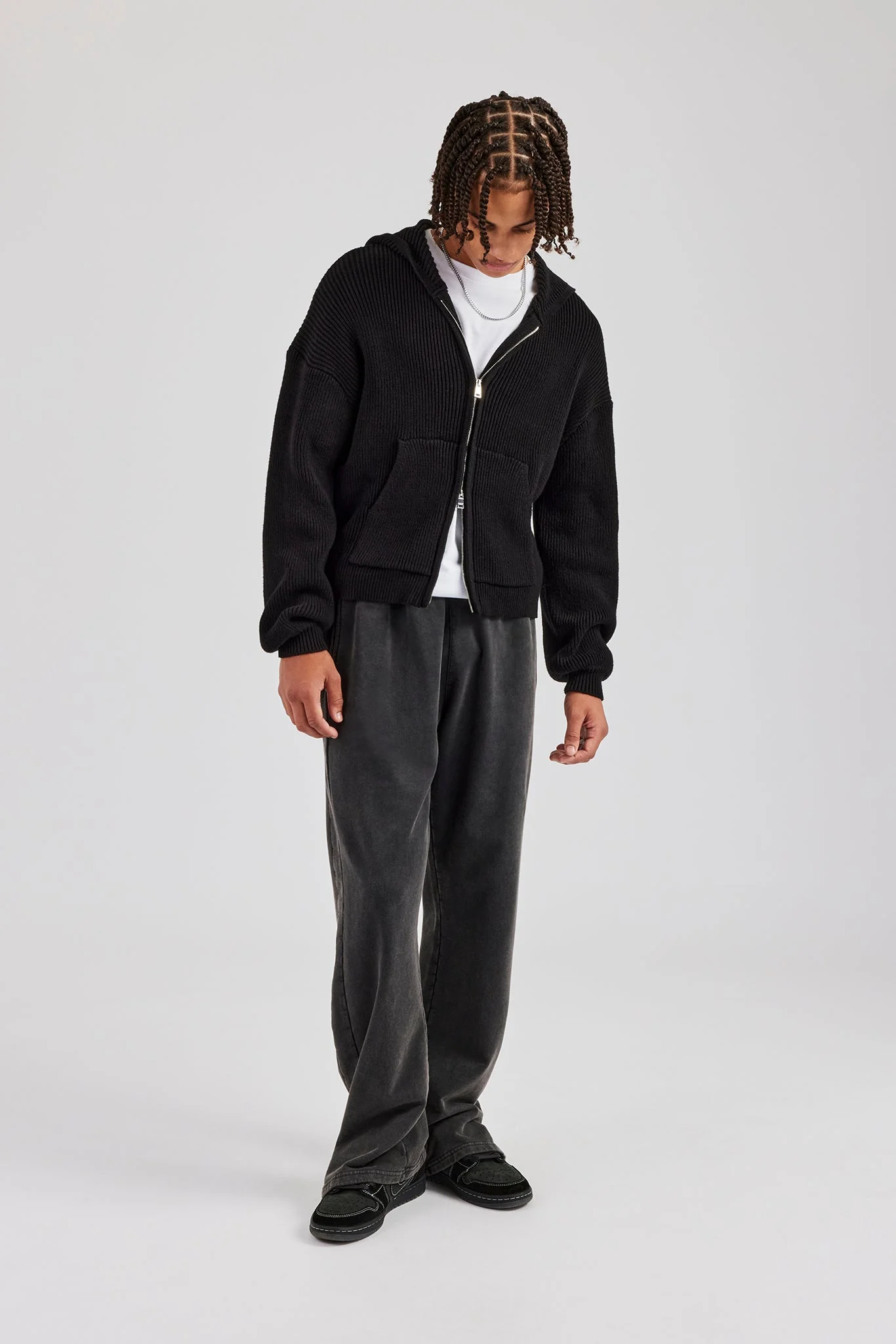 Dual Ended Knitted Zip Hoodie - Black - Image 3