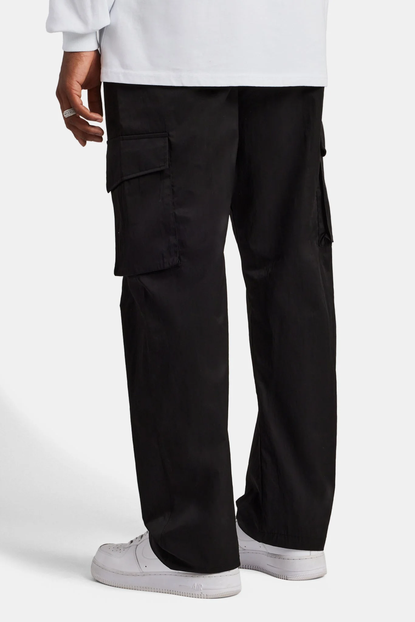 Elasticated Waistband Straight Leg Cargo Trousers  - Black - Image 2