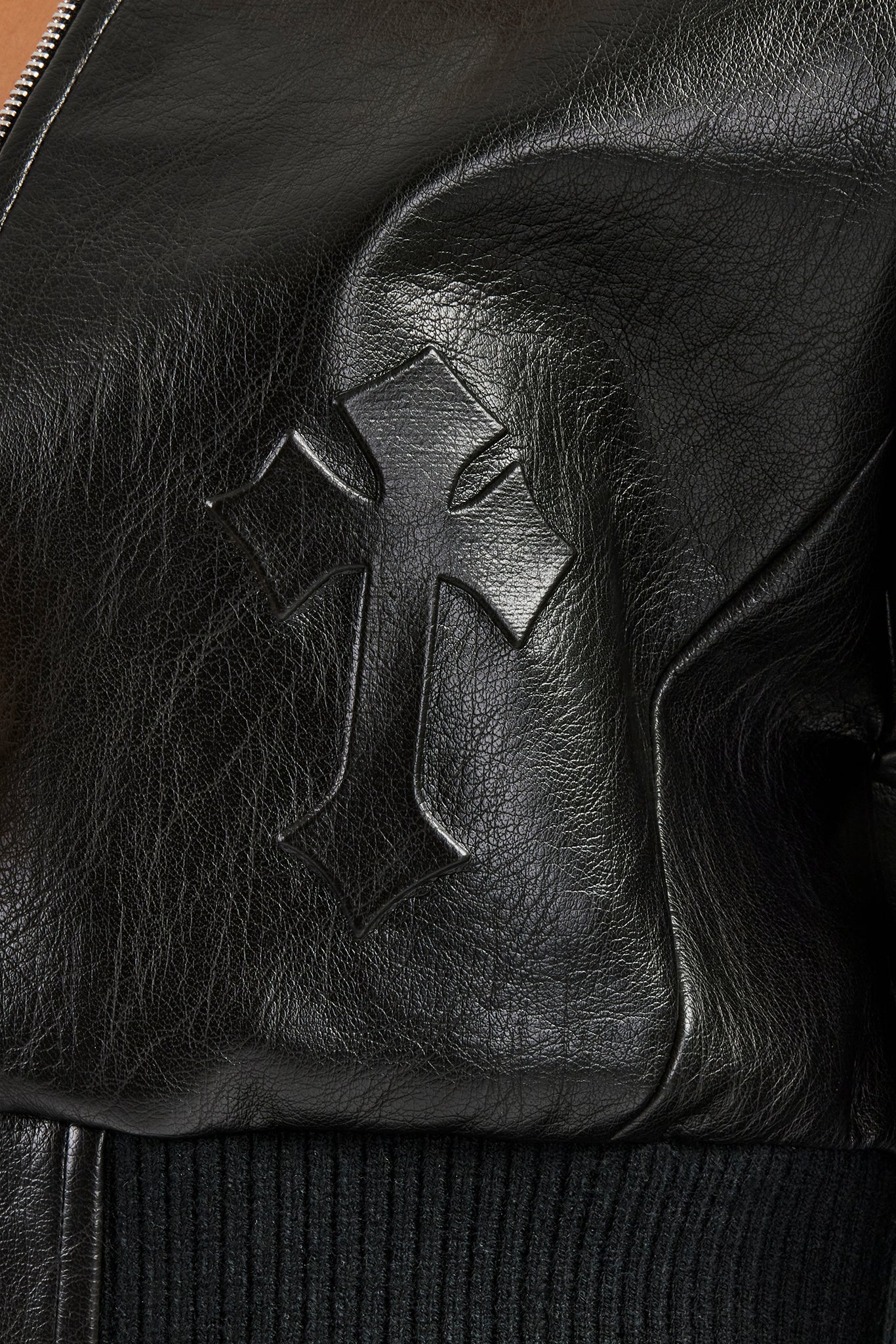 Embossed Cross PU Bomber Jacket - Black - Image 3
