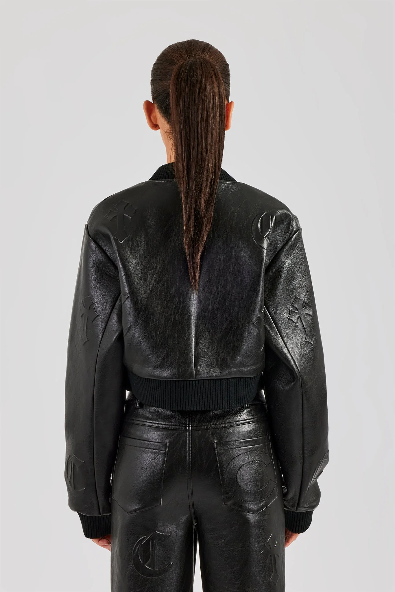 Embossed Cross PU Bomber Jacket - Black - Image 4