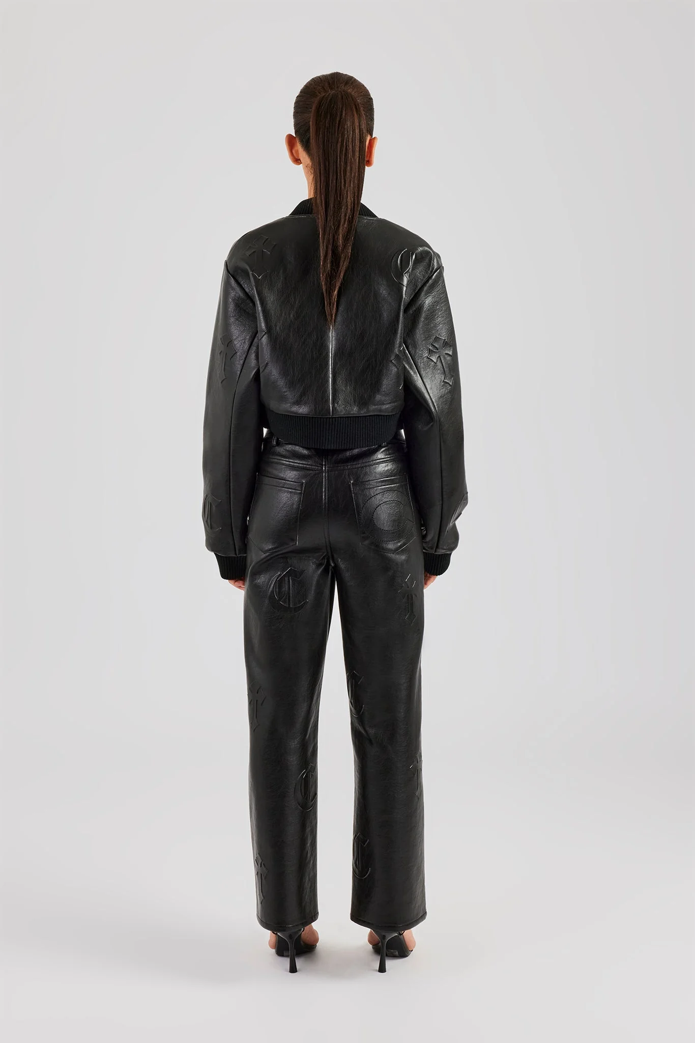 Embossed Cross PU Bomber & Straight Leg Trouser Set - Black - Image 4