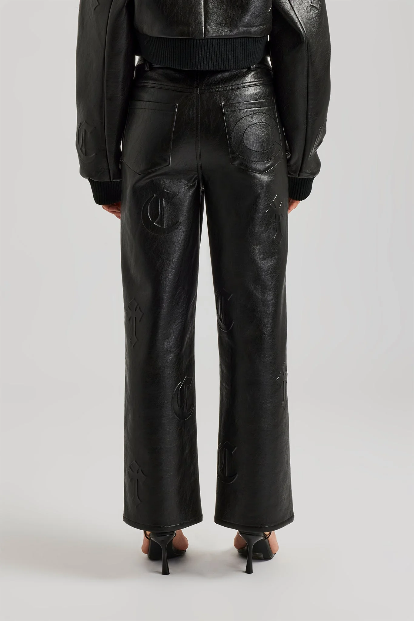 Embossed Cross Straight Leg PU Trouser - Black - Image 3
