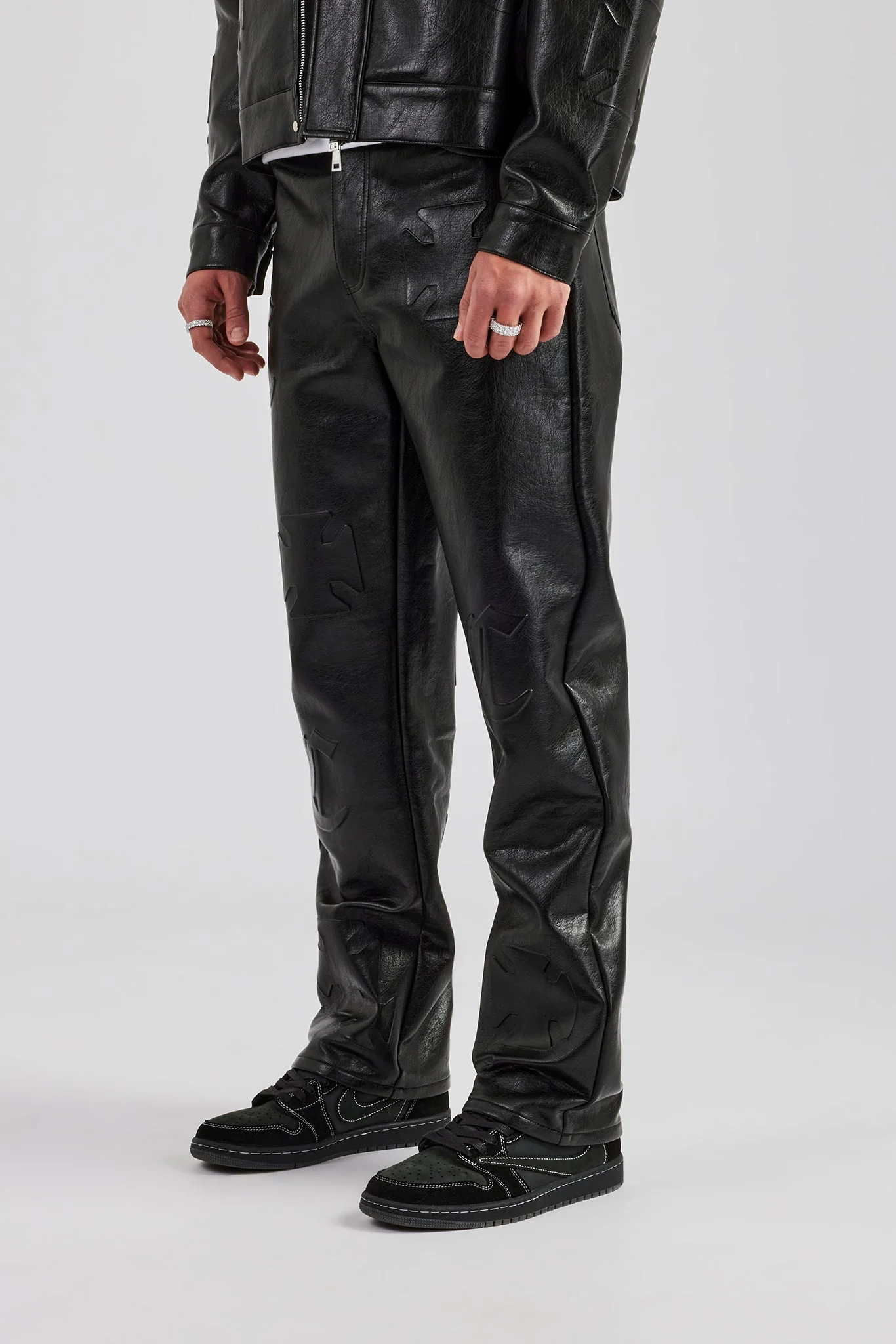 Embossed Motif PU Jacket & Trouser Set - Black - Image 3