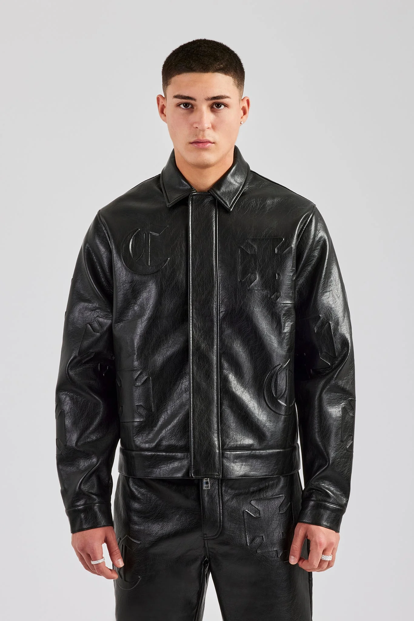 Embossed Motif PU Jacket & Trouser Set - Black - Image 5