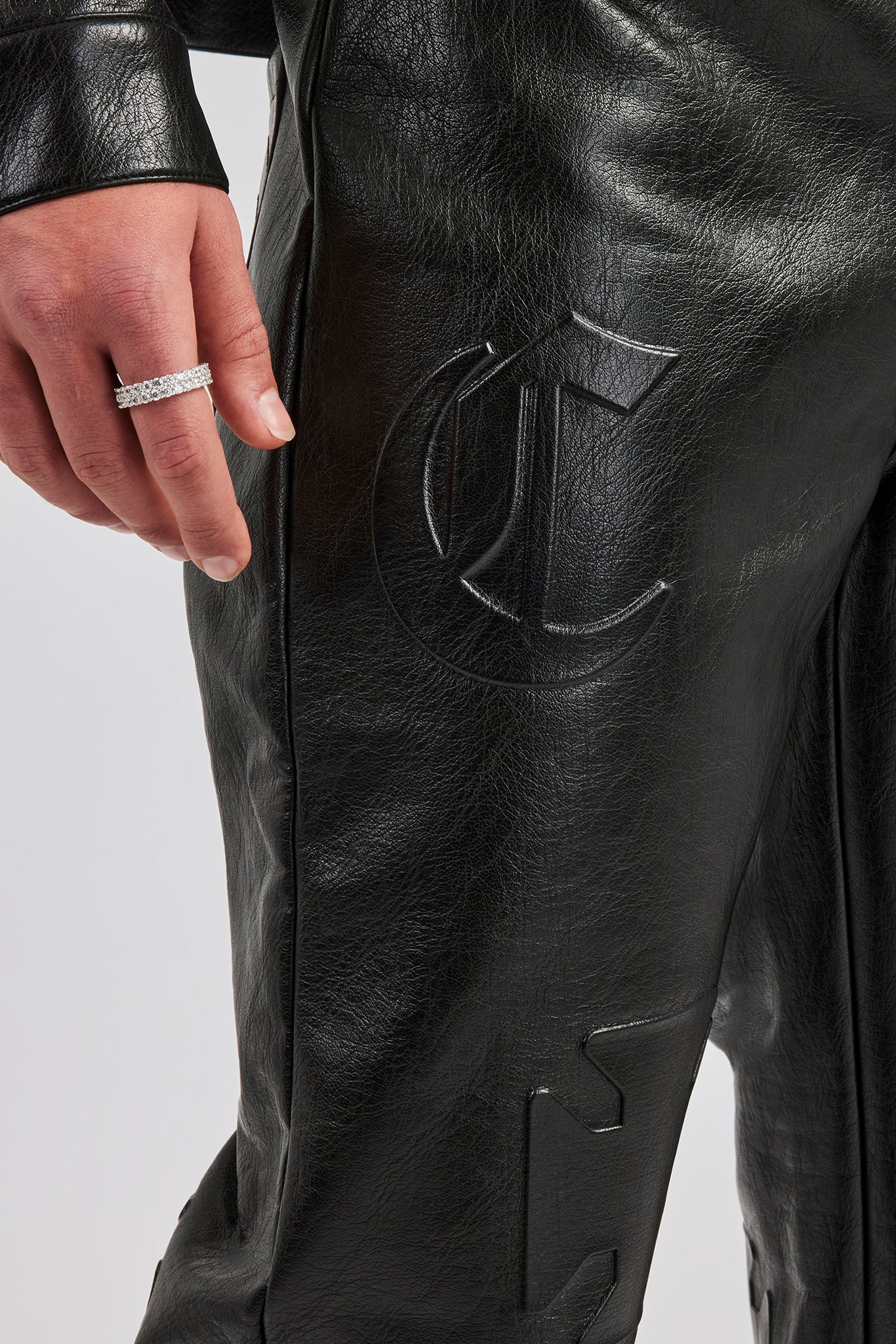 Embossed Motif Straight Leg PU Trouser - Black - Image 2