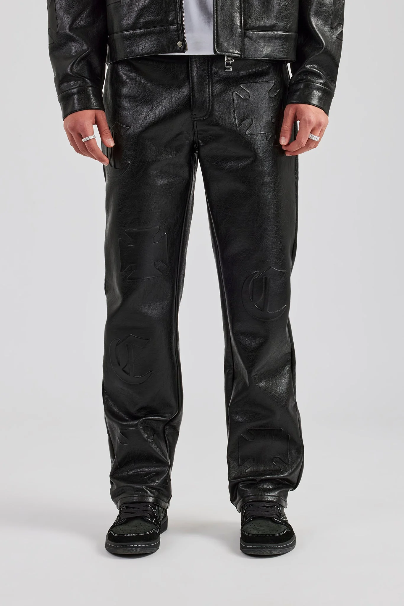 Embossed Motif Straight Leg PU Trouser - Black - Image 3