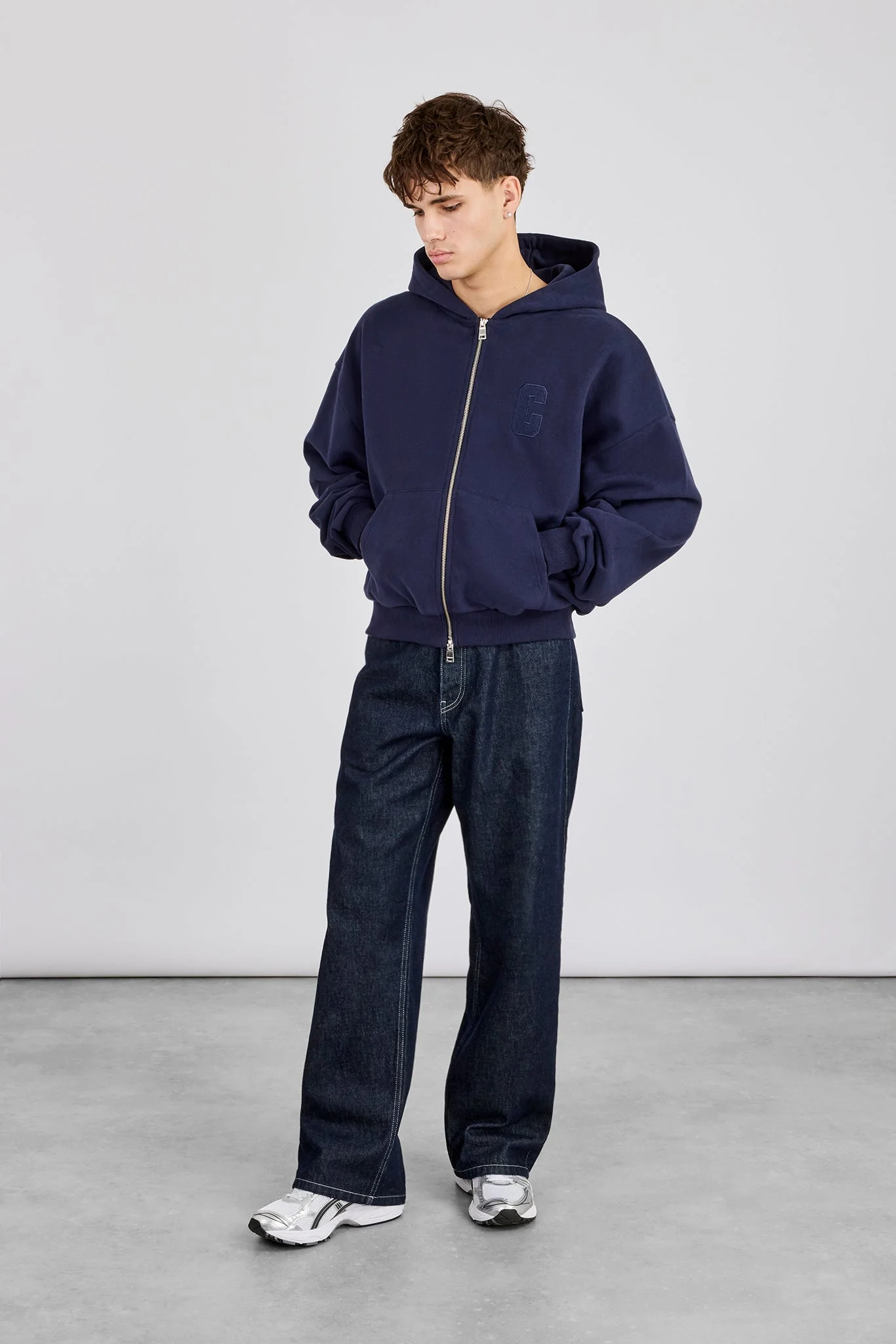 Embroidered C Boxy Zip Through Hoodie & Relaxed Jogger - Navy Blue - Image 3