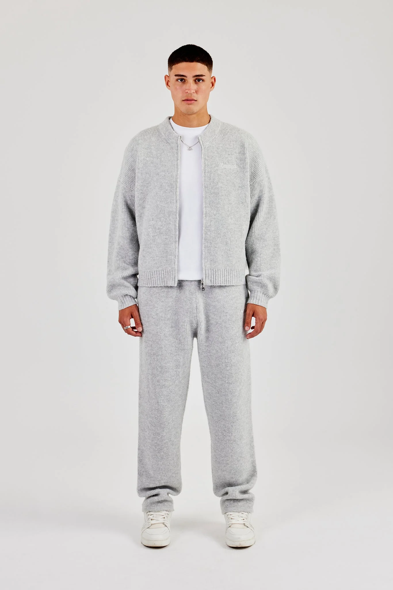 Embroidered Knitted Bomber & Jogger - Light Grey