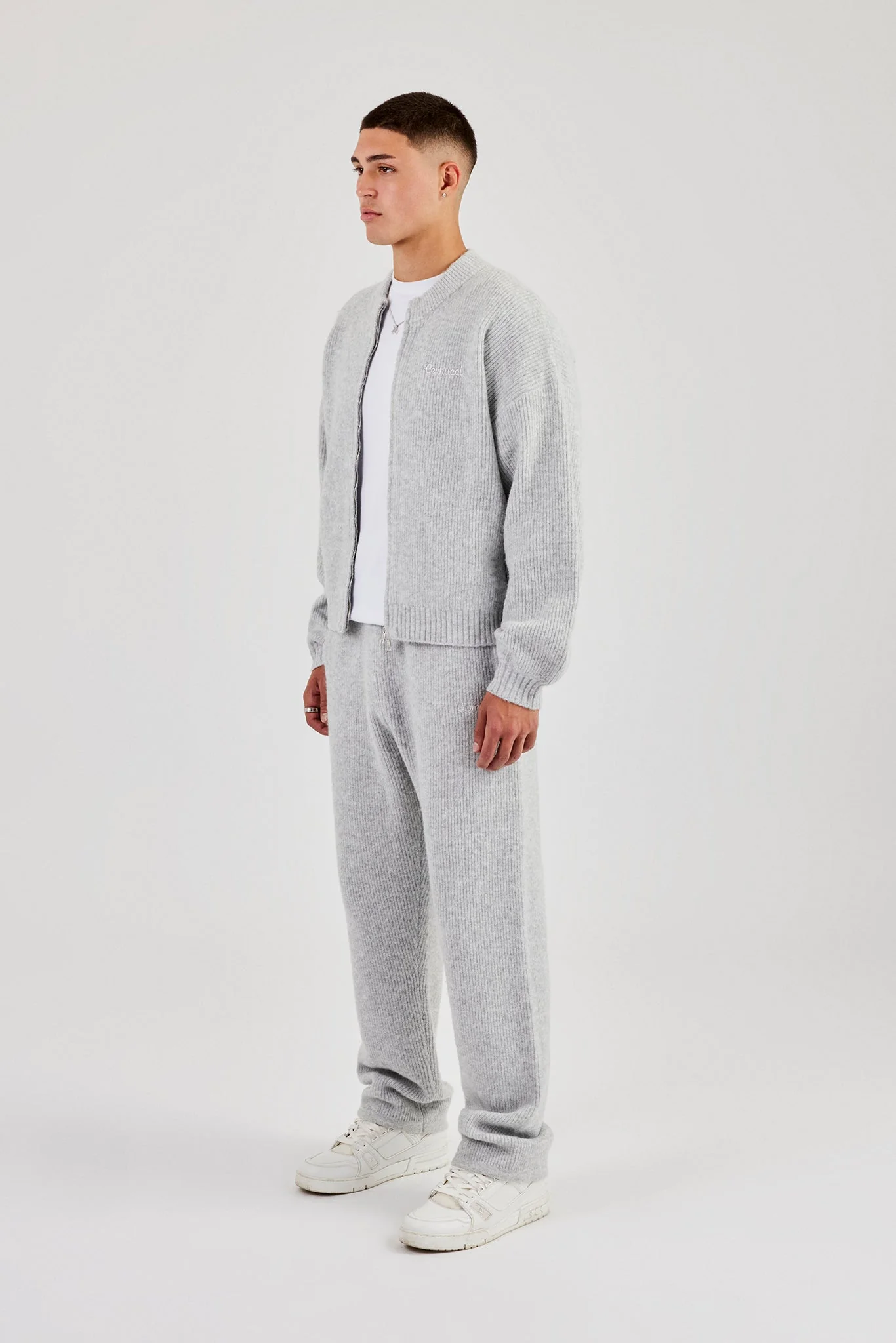 Embroidered Knitted Bomber & Jogger - Light Grey - Image 3