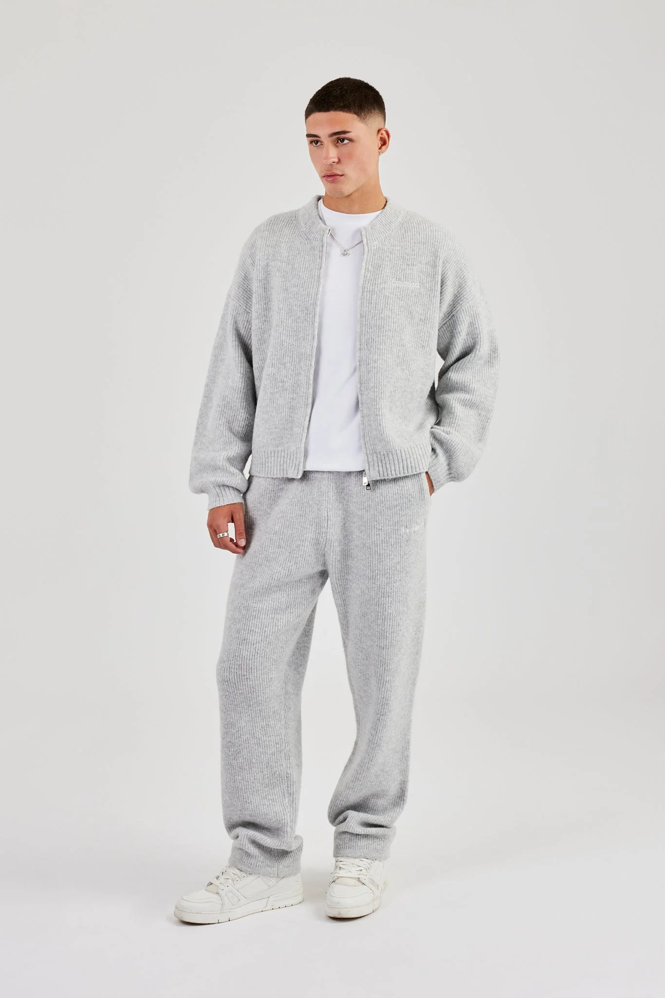 Embroidered Knitted Bomber & Jogger - Light Grey - Image 4