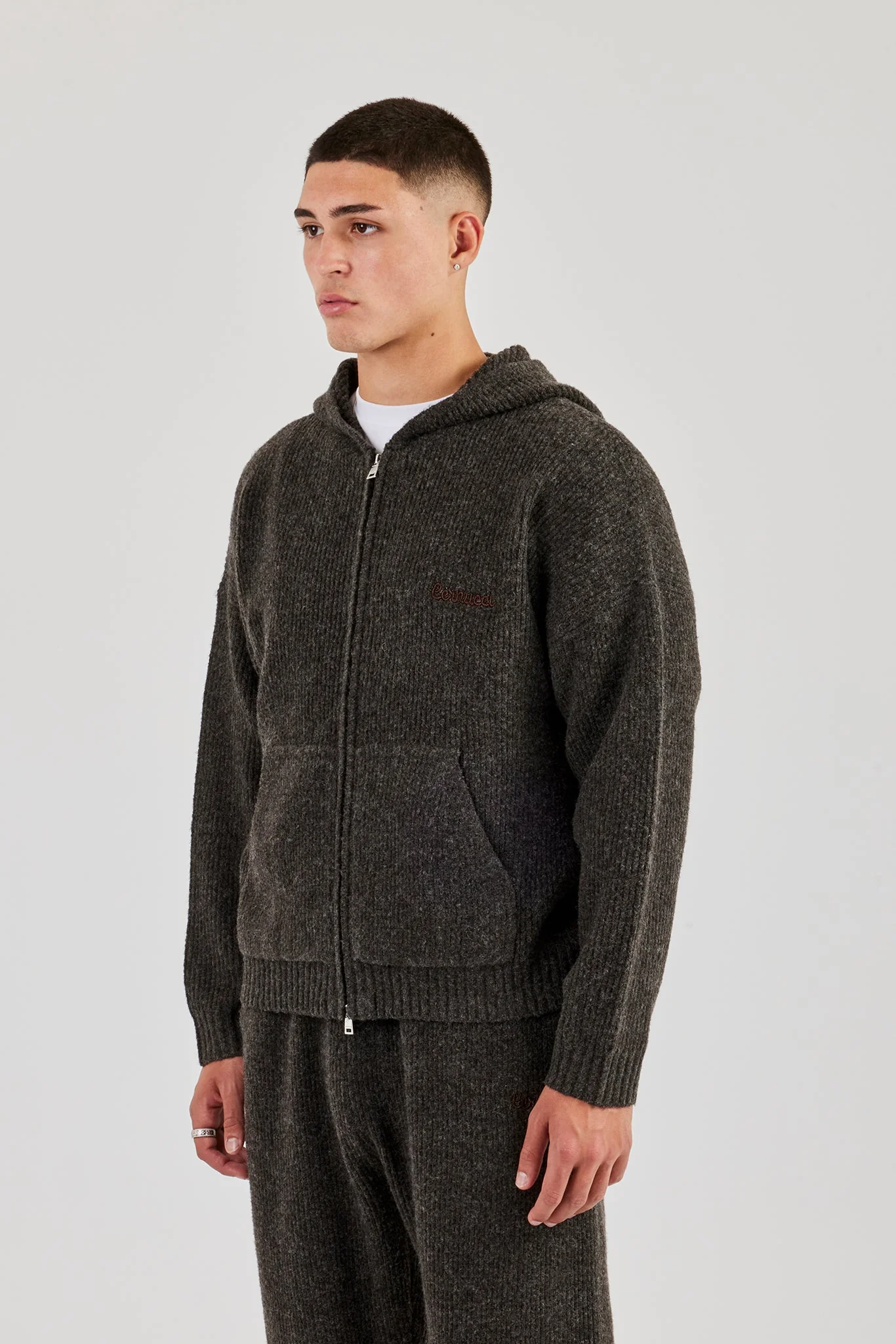 Embroidered Knitted Zip Hoodie - Chocolate - Image 2
