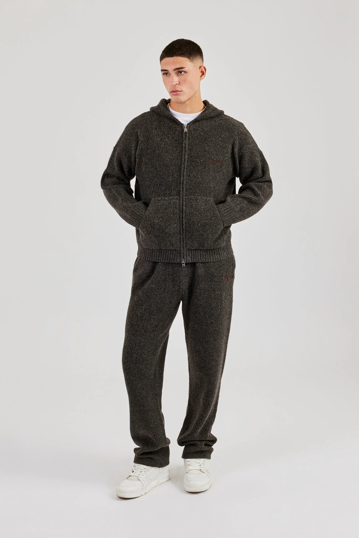 Embroidered Knitted Zip Hoodie - Chocolate - Image 4