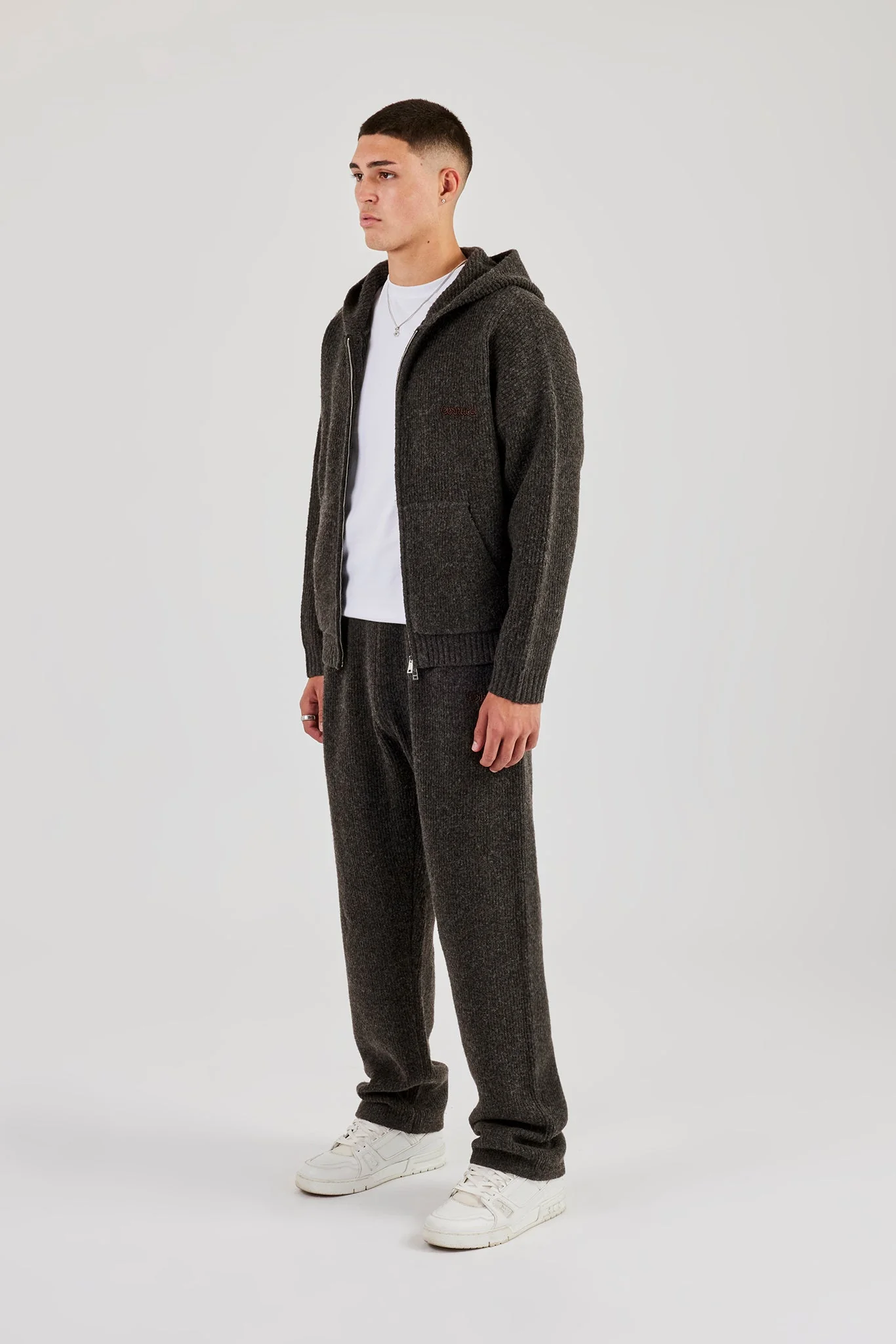 Embroidered Knitted Zip Hoodie & Jogger - Chocolate - Image 2