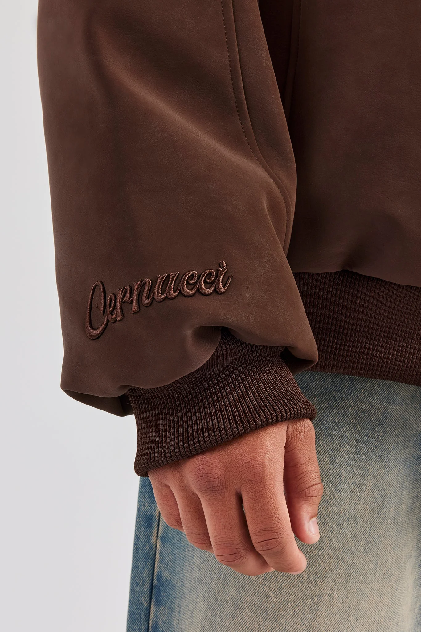 Embroidered Puffer Bomber Jacket - Chocolate - Image 2
