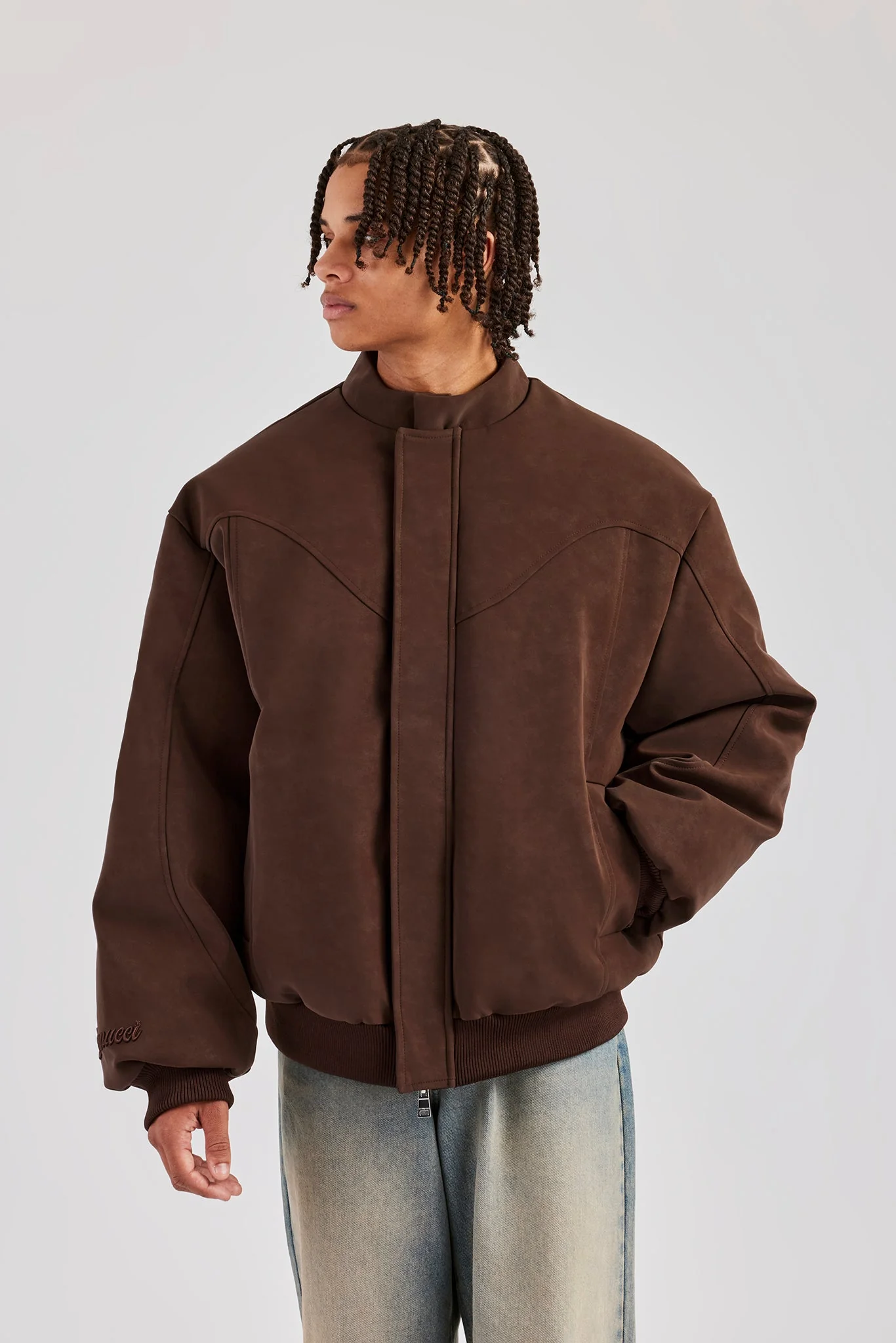 Embroidered Puffer Bomber Jacket - Chocolate - Image 4
