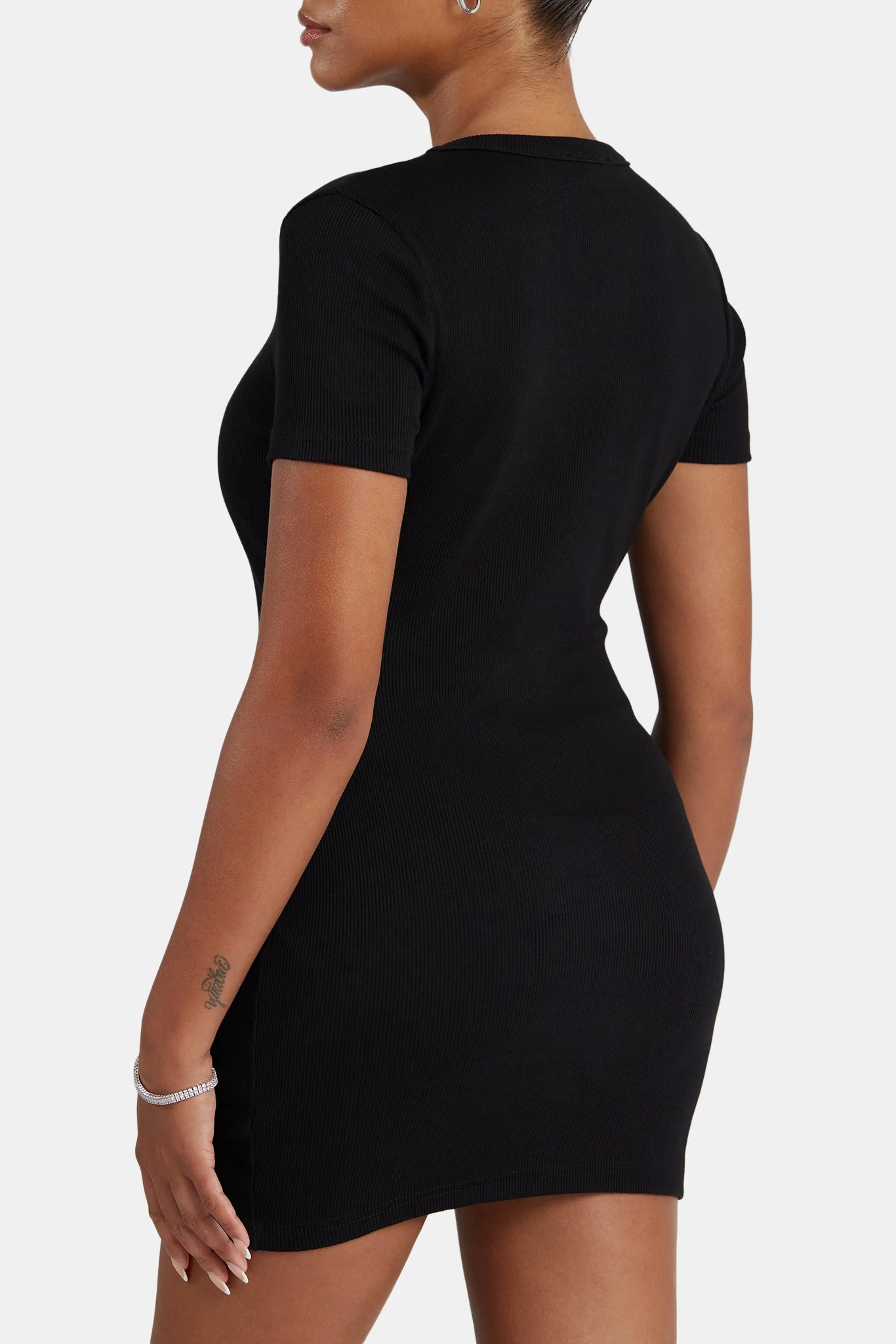 Embroidered Ribbed Short Sleeve Dress - Black - Image 2