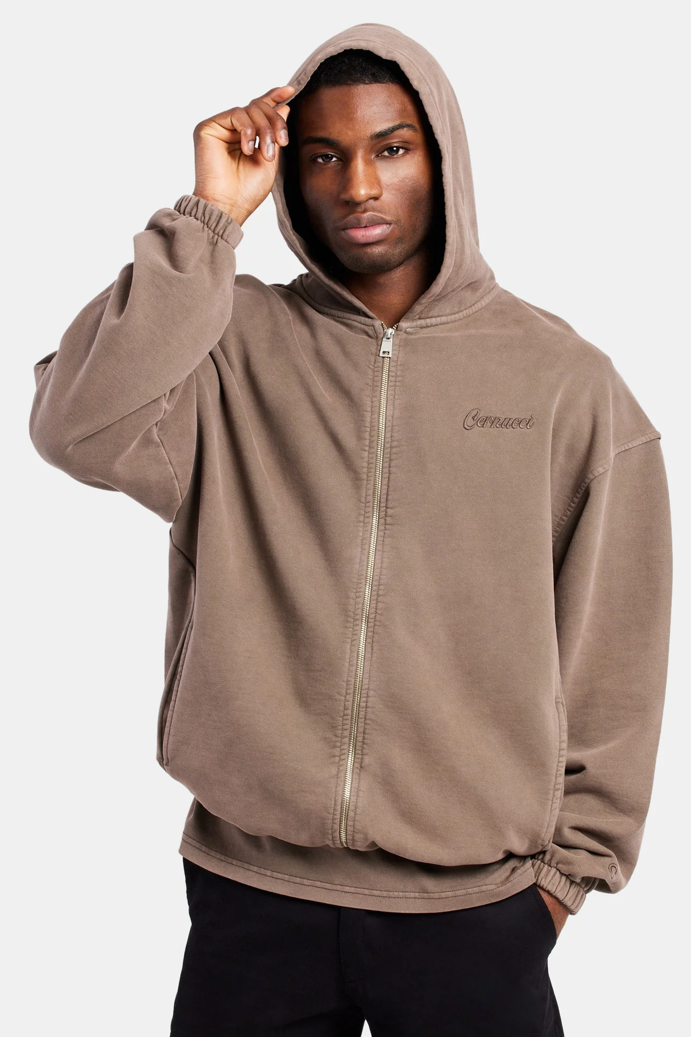 Embroidered Zip Through Hoodie - Washed Brown - Image 5