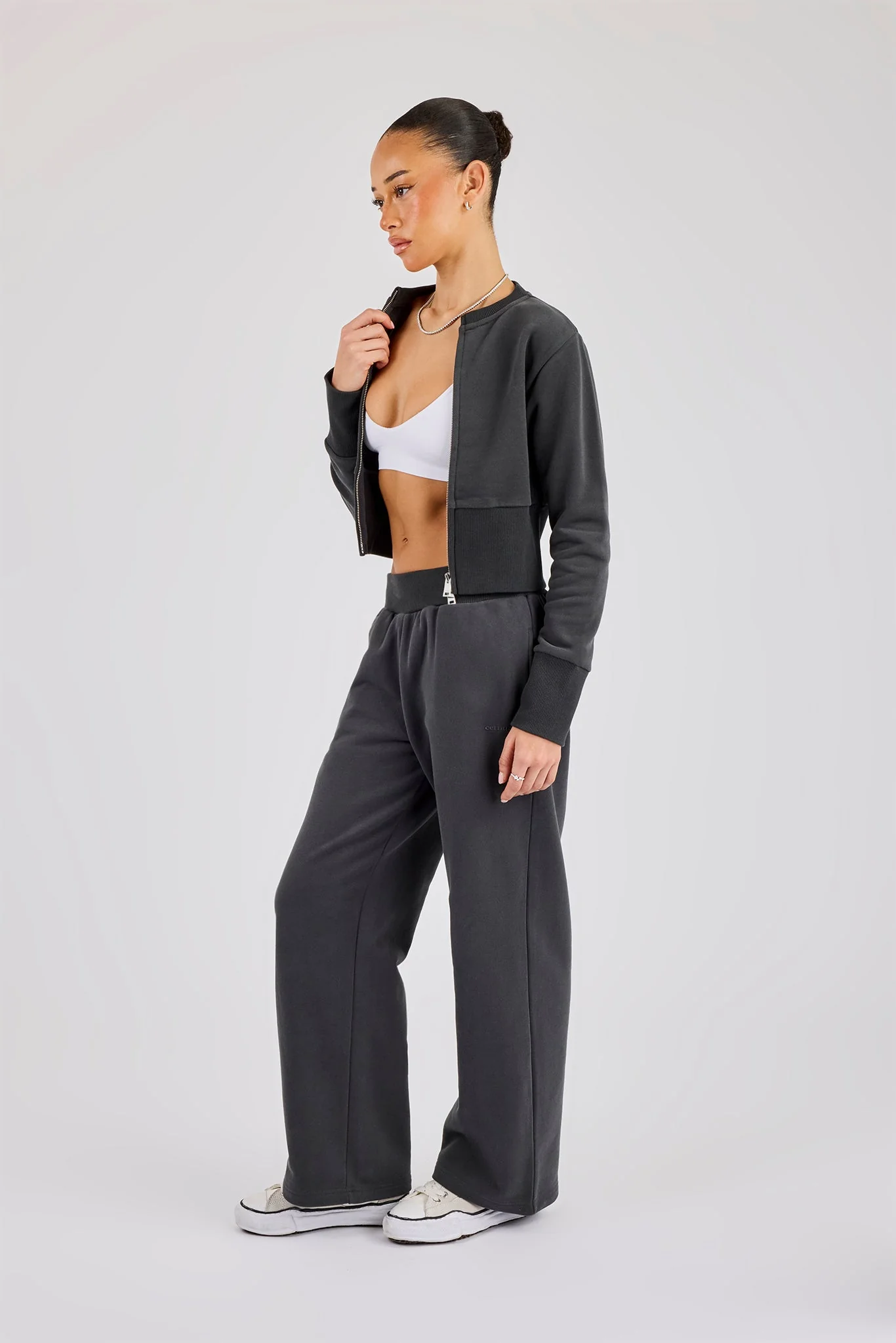 Fitted Rib Zip Through Sweat - Charcoal - Image 4