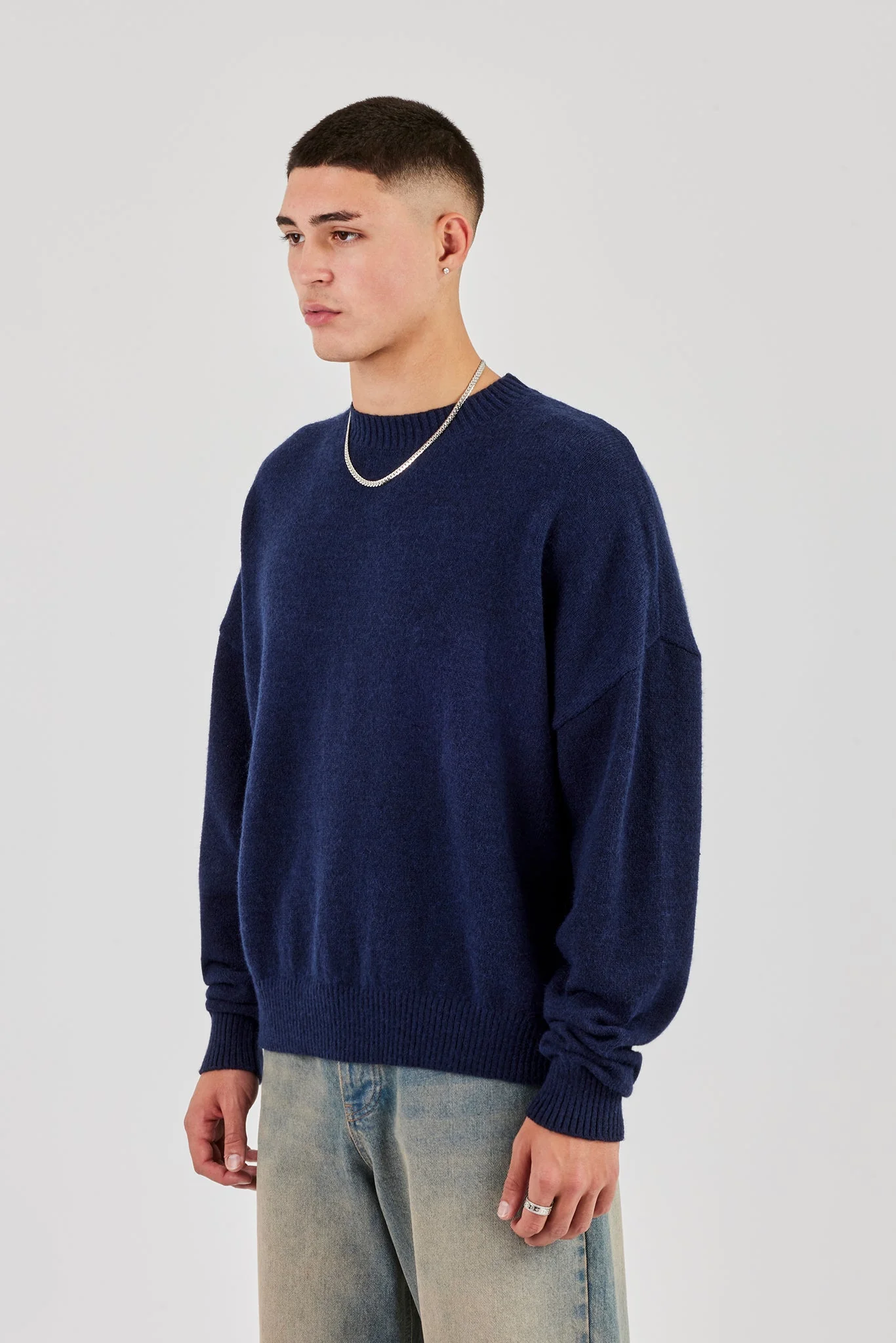 Fluffy Cernucci Intarsia Knitted Sweater - Navy Blue - Image 3