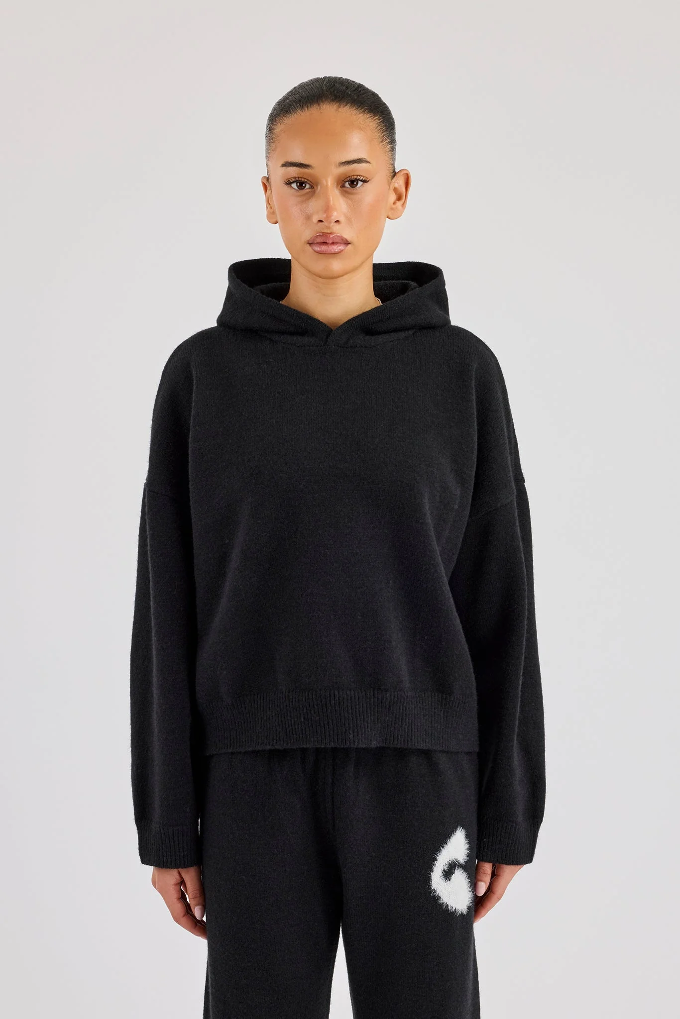 Fluffy Intarsia Boxy Hoodie - Black - Image 4