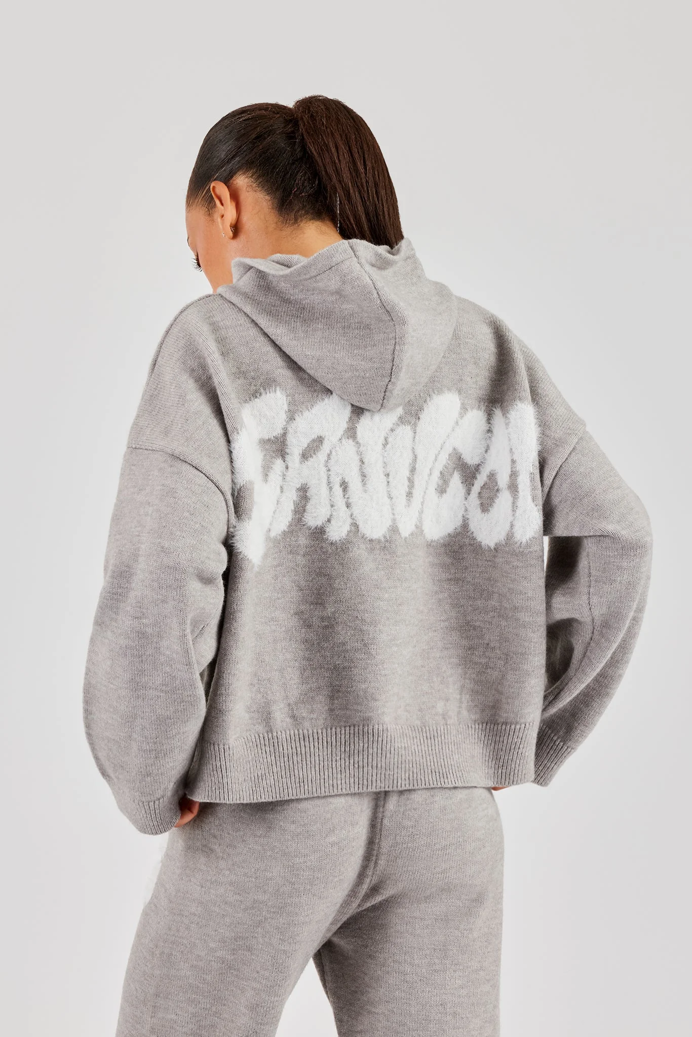 Fluffy Intarsia Boxy Hoodie - Grey - Image 2