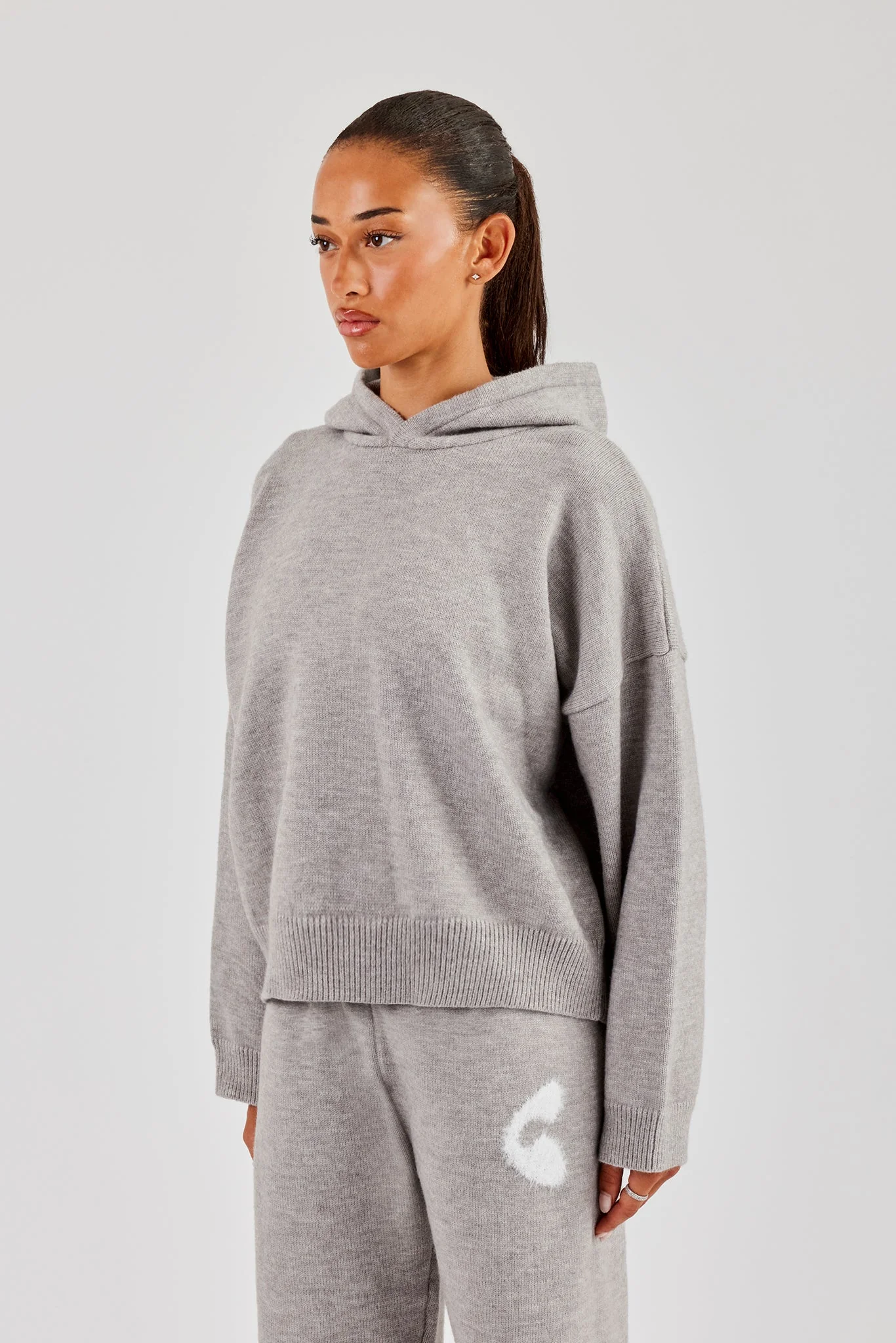 Fluffy Intarsia Boxy Hoodie - Grey - Image 3