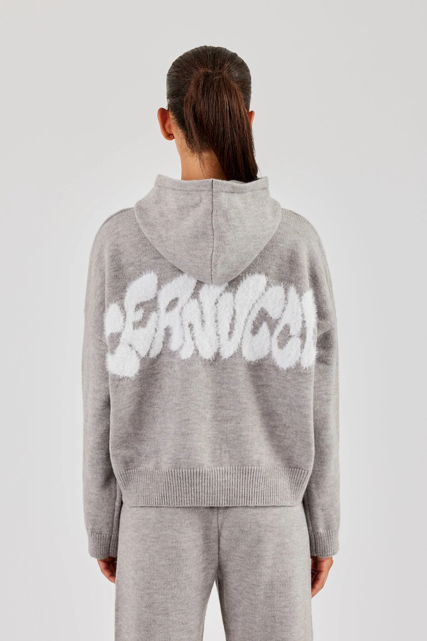Fluffy Intarsia Boxy Hoodie - Grey - Image 4