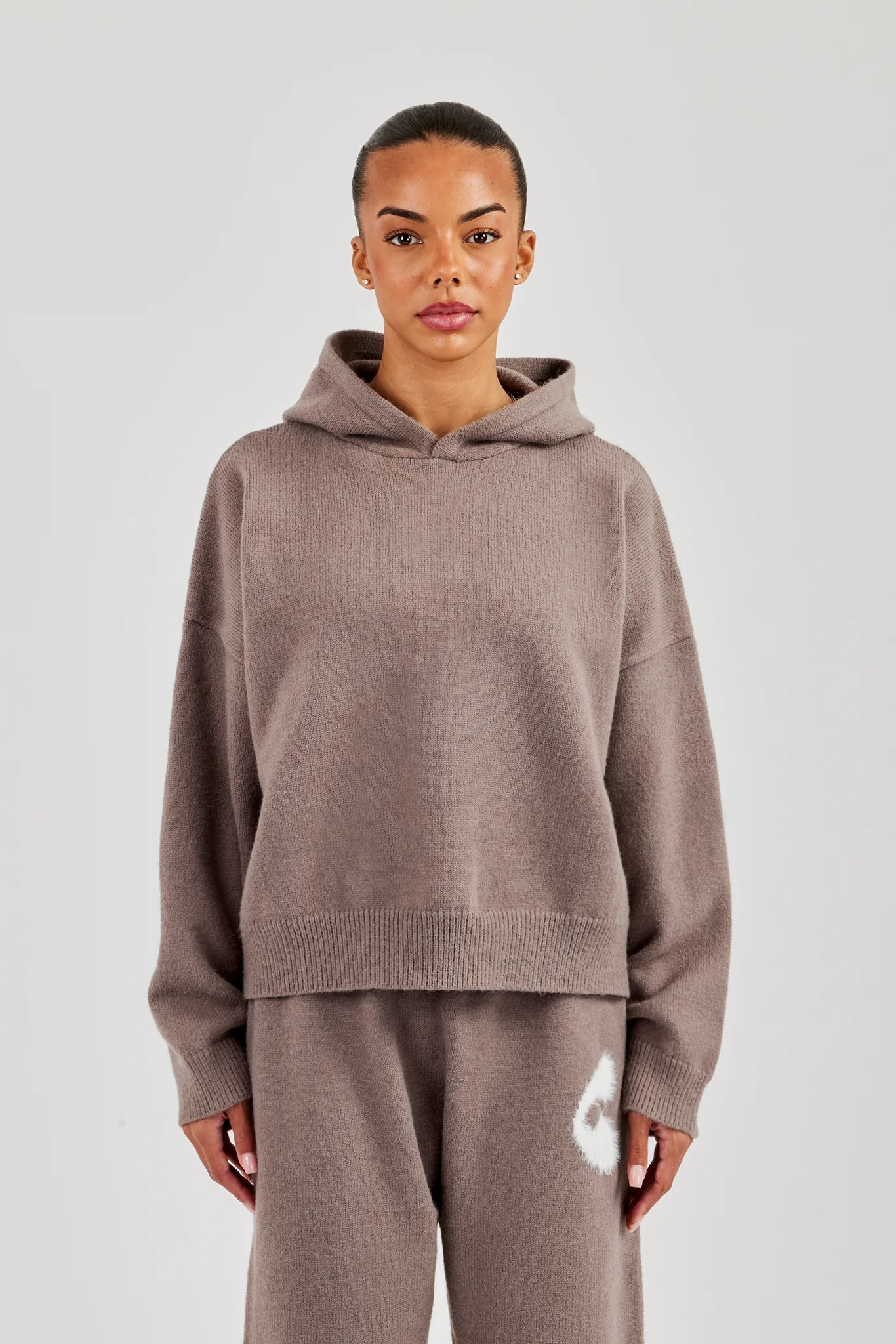 Fluffy Intarsia Boxy Hoodie - Taupe - Image 2