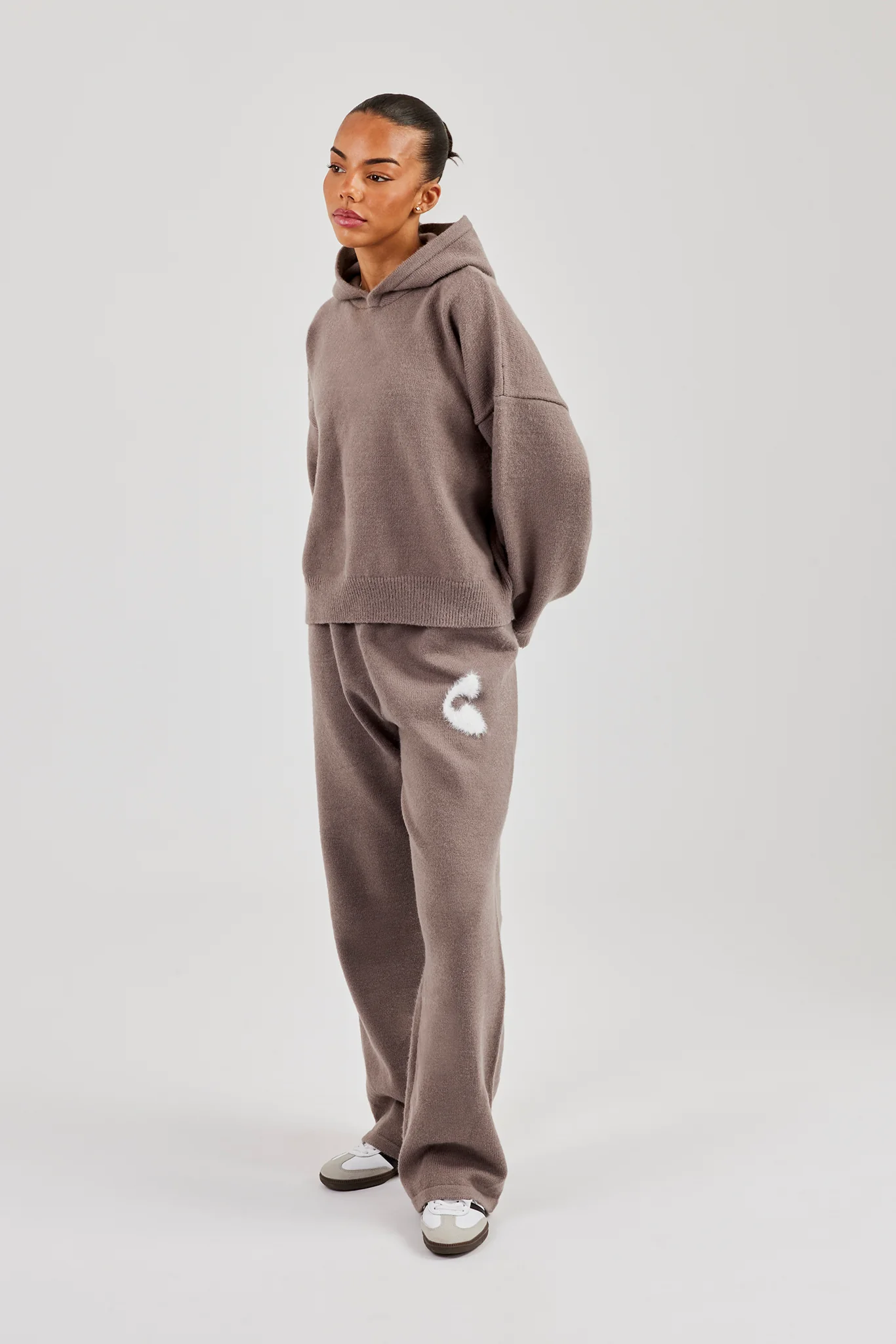 Fluffy Intarsia Boxy Hoodie & Wide Leg Jogger - Taupe - Image 4