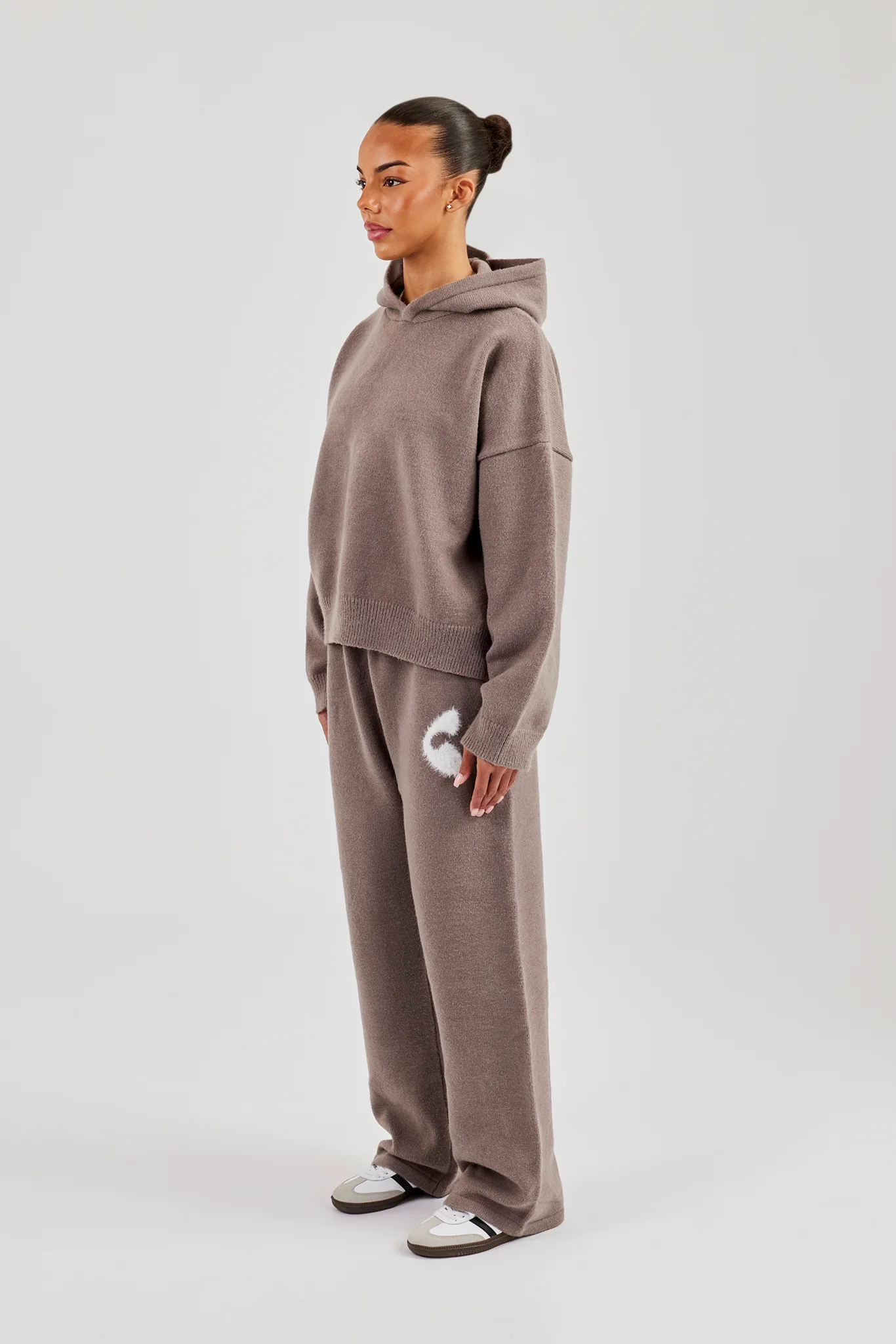 Fluffy Intarsia Boxy Hoodie & Wide Leg Jogger - Taupe - Image 5