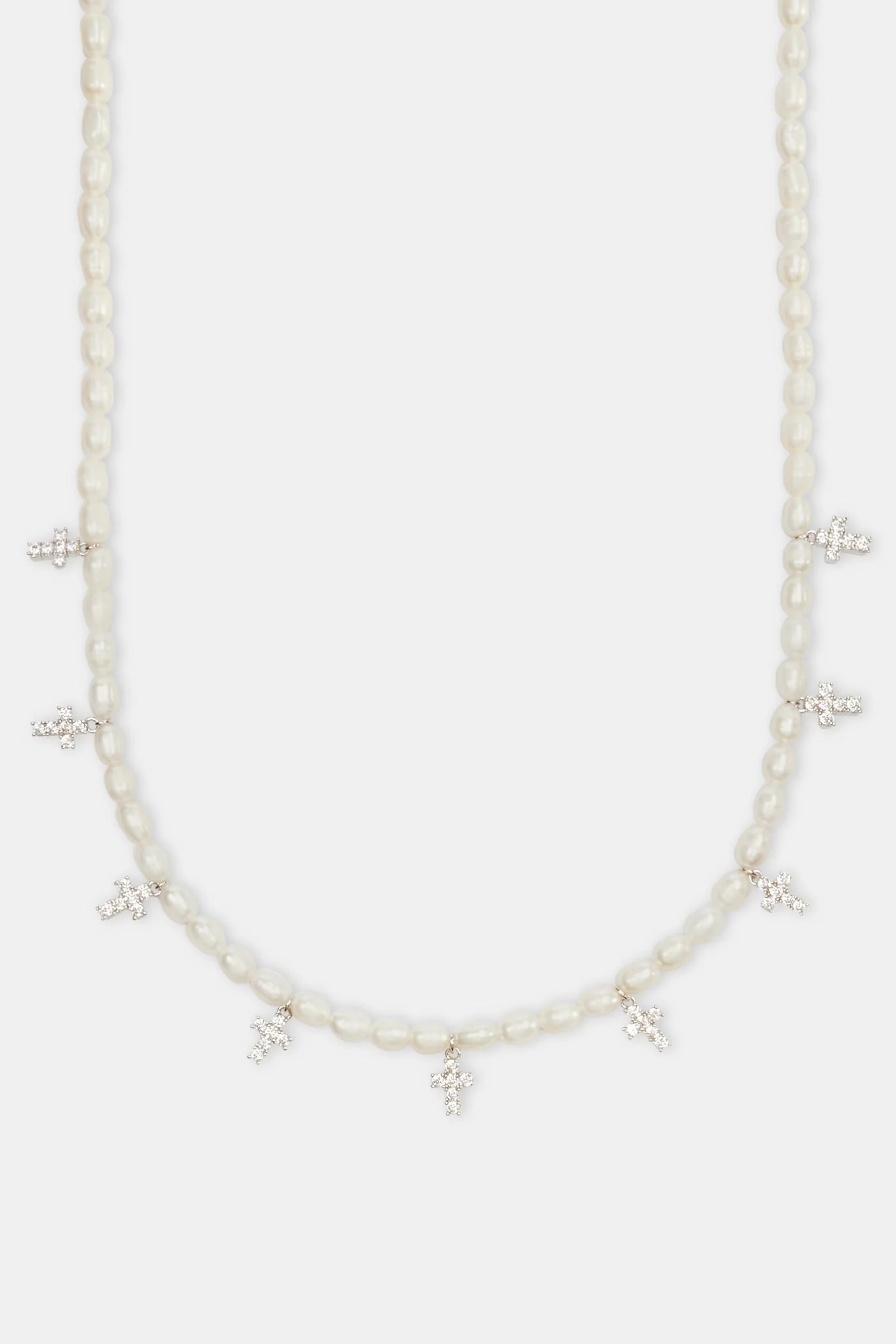 Freshwater Pearl & Clear Ice Cross Necklace - White - Image 2