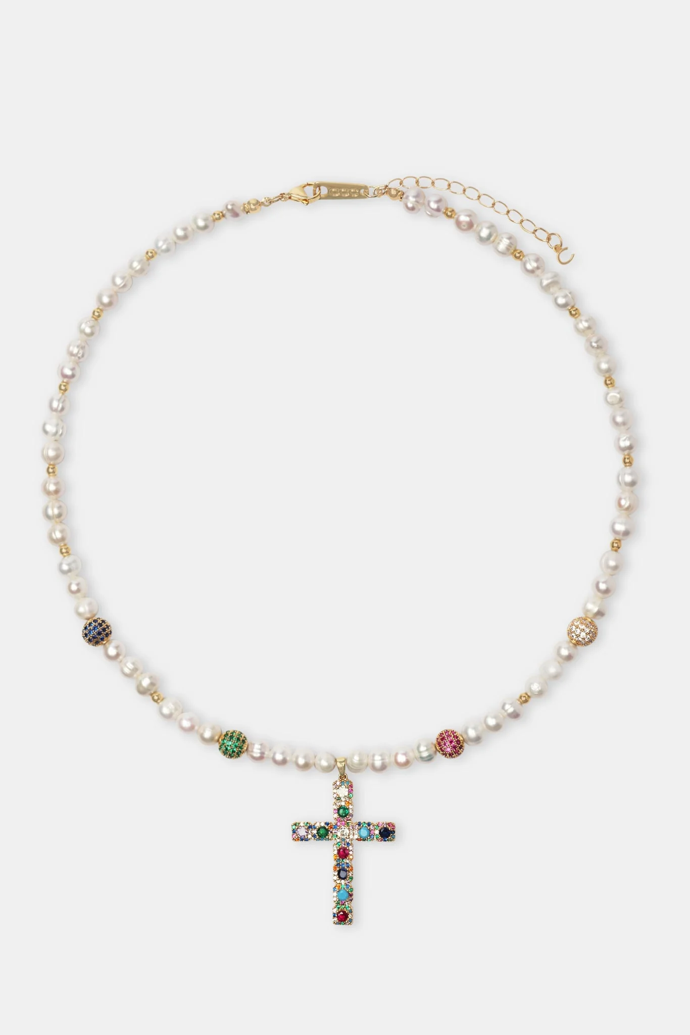 Freshwater Pearl & Multi Colour Ice Ball Cross Necklace - Gold - Image 3