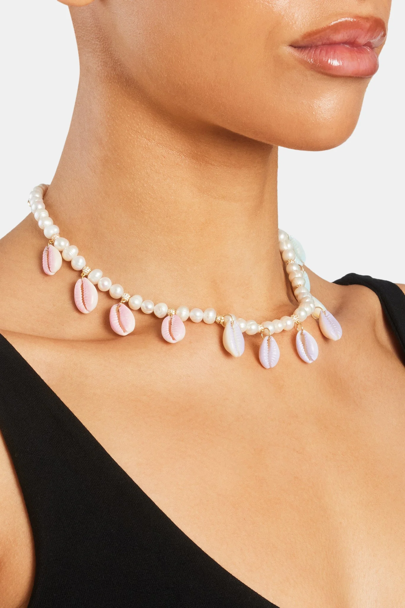 Freshwater Pearl Pastel Cowrie Shell Necklace - Gold - 6mm - Image 3