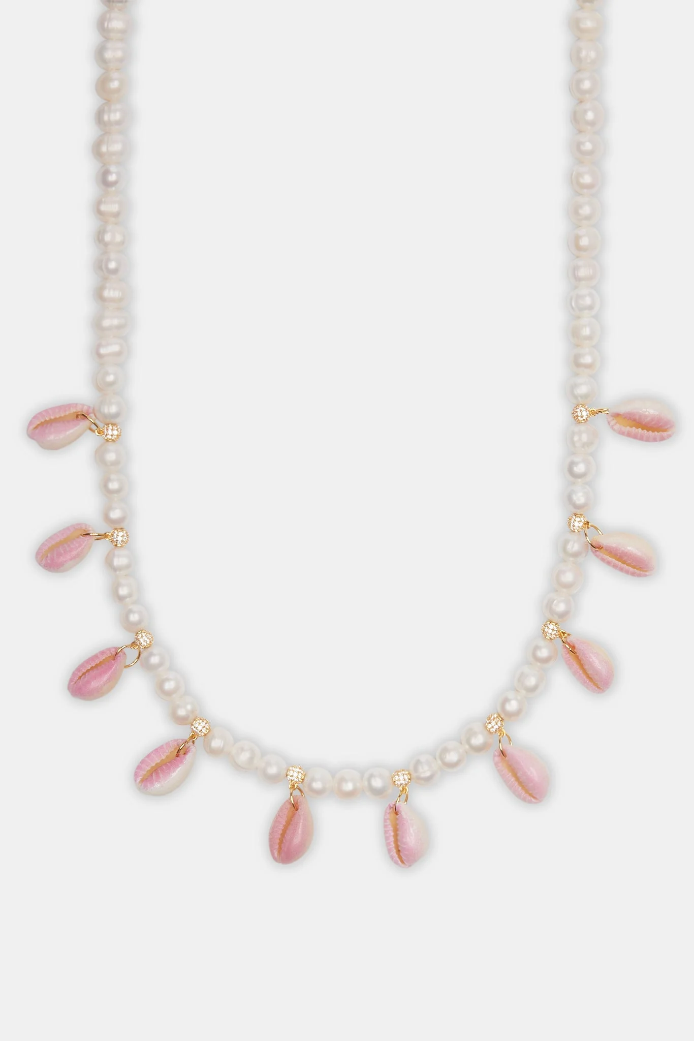 Freshwater Pearl Pink Cowrie Shell Necklace - Gold - 6mm - Image 2