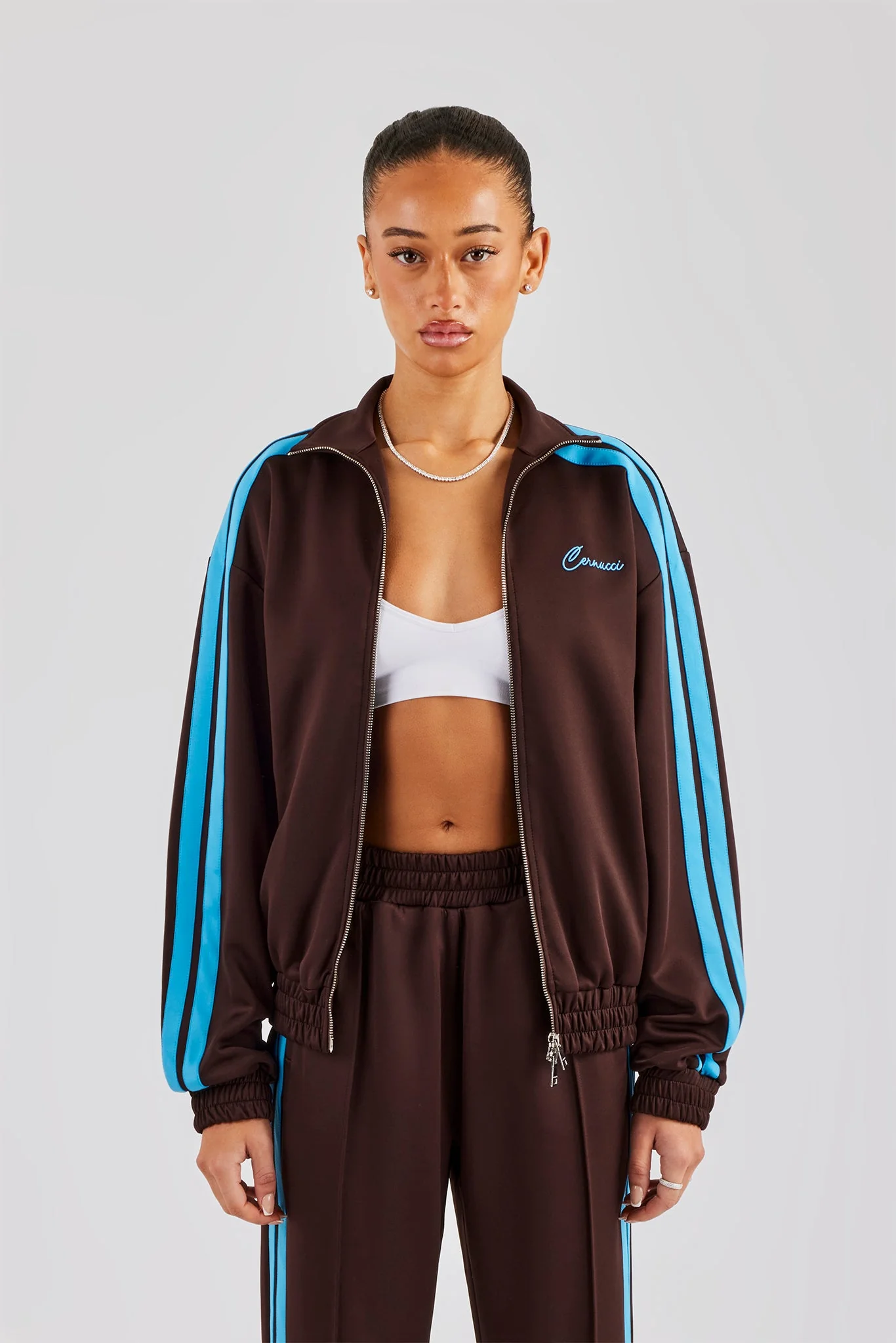 Funnel Neck Blue Taping Zip Through Track Jacket - Chocolate - Image 4