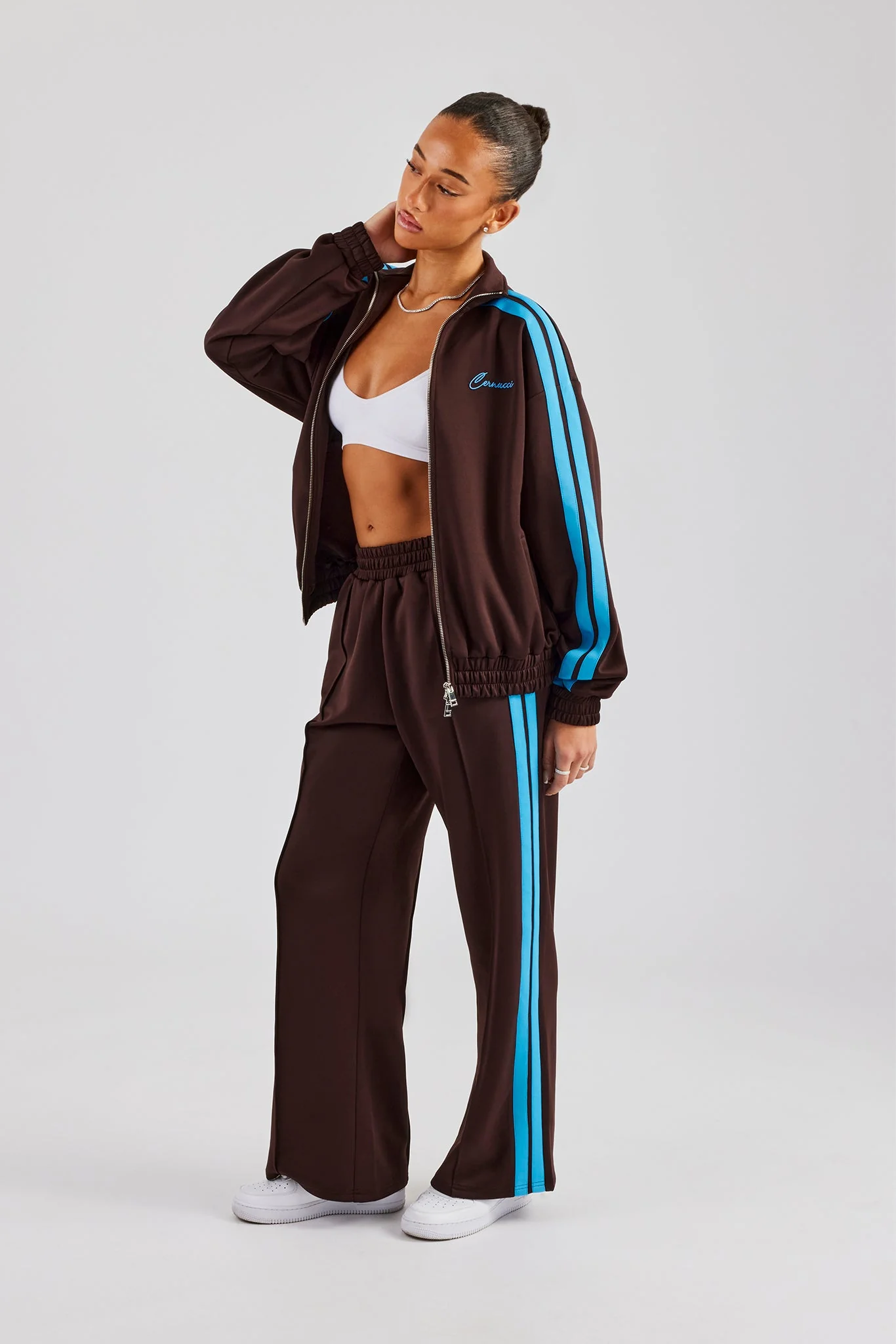 Funnel Neck Blue Taping Zip Through Tracksuit - Chocolate - Image 6