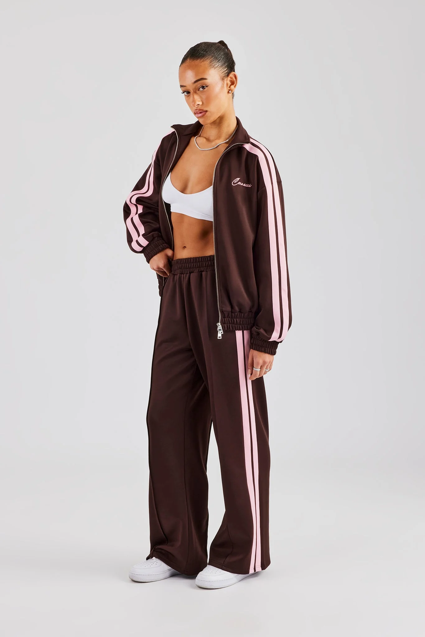 Funnel Neck Pink Taping Zip Through Tracksuit - Chocolate