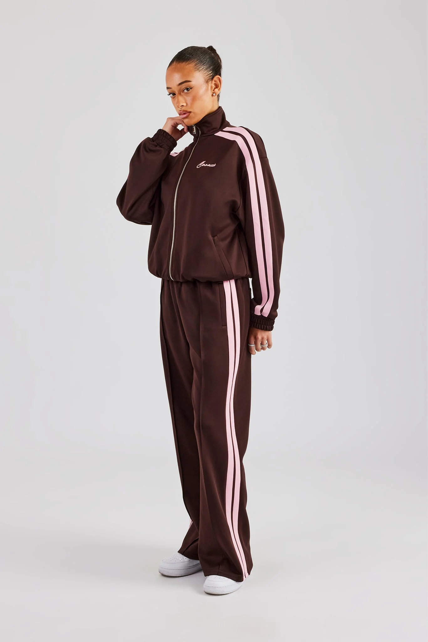 Funnel Neck Pink Taping Zip Through Tracksuit - Chocolate - Image 2