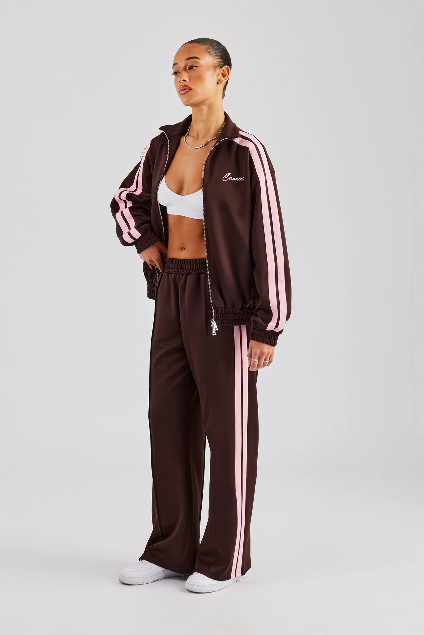 Funnel Neck Pink Taping Zip Through Tracksuit - Chocolate - Image 4