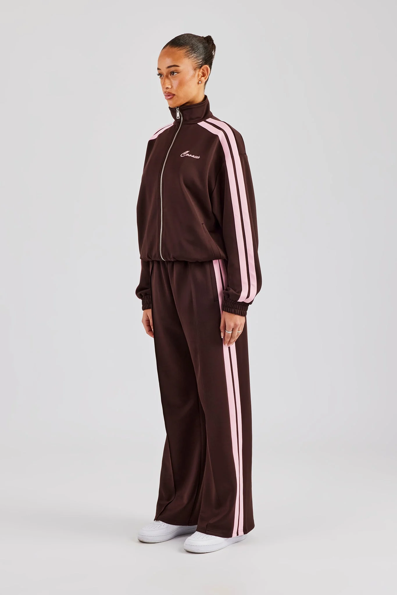 Funnel Neck Pink Taping Zip Through Tracksuit - Chocolate - Image 5