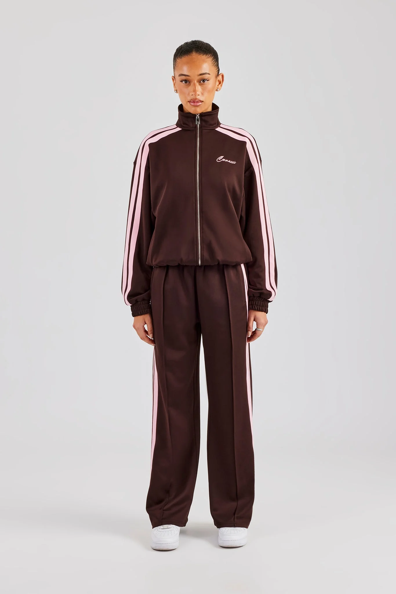 Funnel Neck Pink Taping Zip Through Tracksuit - Chocolate - Image 6