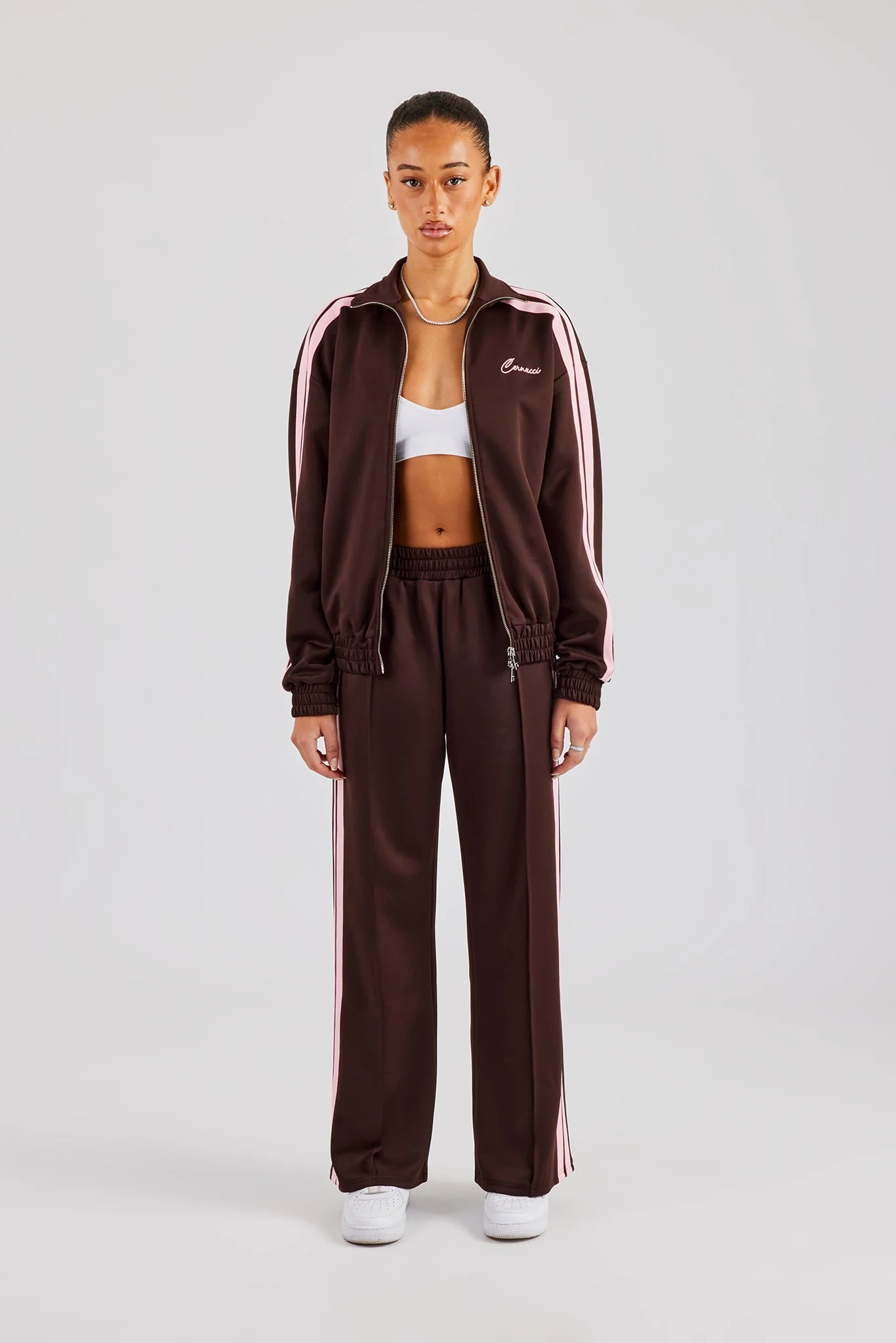Funnel Neck Pink Taping Zip Through Tracksuit - Chocolate - Image 7